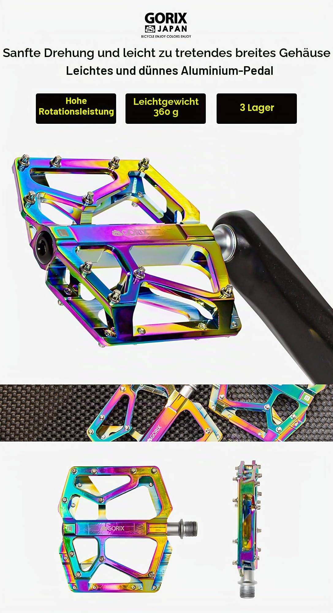 GORIX Fahrrad-Flachpedale, breites CNC-3-B-Lager, leicht, mit rutschfestem Stift, Spike, Oil Slick, Rennrad, Mountainbike, MTB-Fahrrad (GX-FX181)