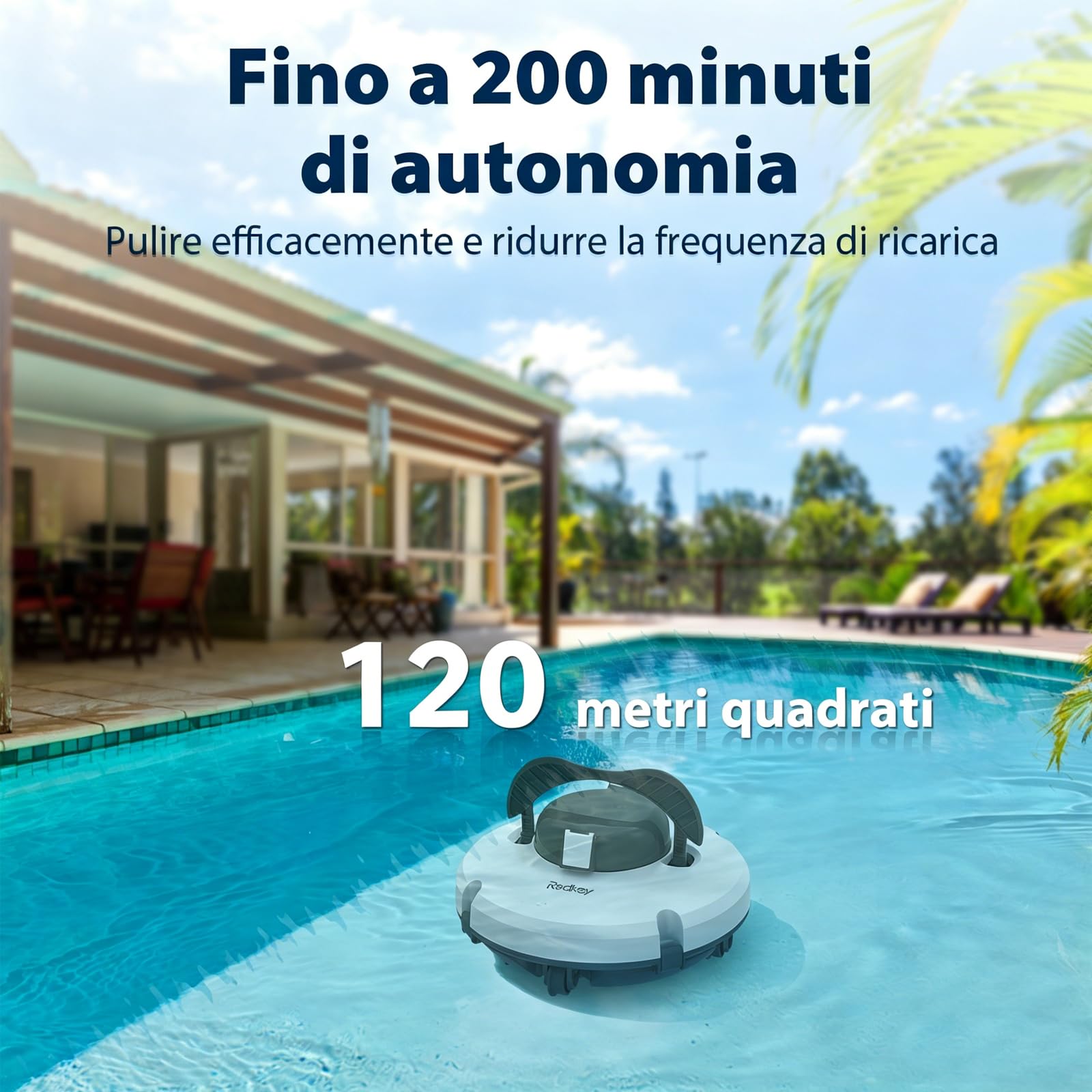 Redkey Upgrade S100 Robot Piscina, 200 Minuti di Pulizia, Supera 18° di Pendenza, Batteria a Doppia azionamento, Parcheggio Automatico, Robot Piscine Fuori Terra per Piscina da 120 m²