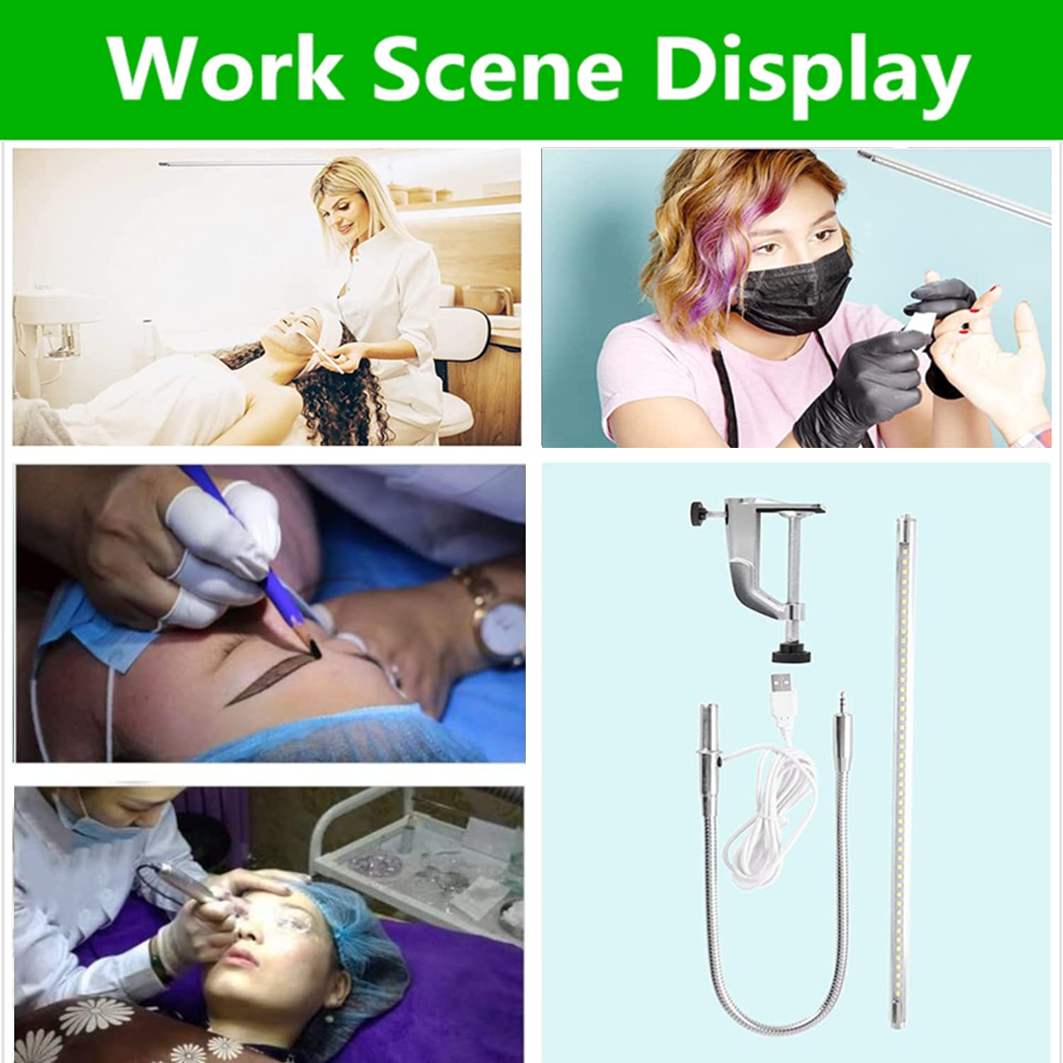 Lámpara de escritorio LED USB, lámpara de uñas ajustable con clip para el cuidado de los ojos, cuello de cisne giratorio 360 grados con interruptor de luz de abrazadera para manicura,