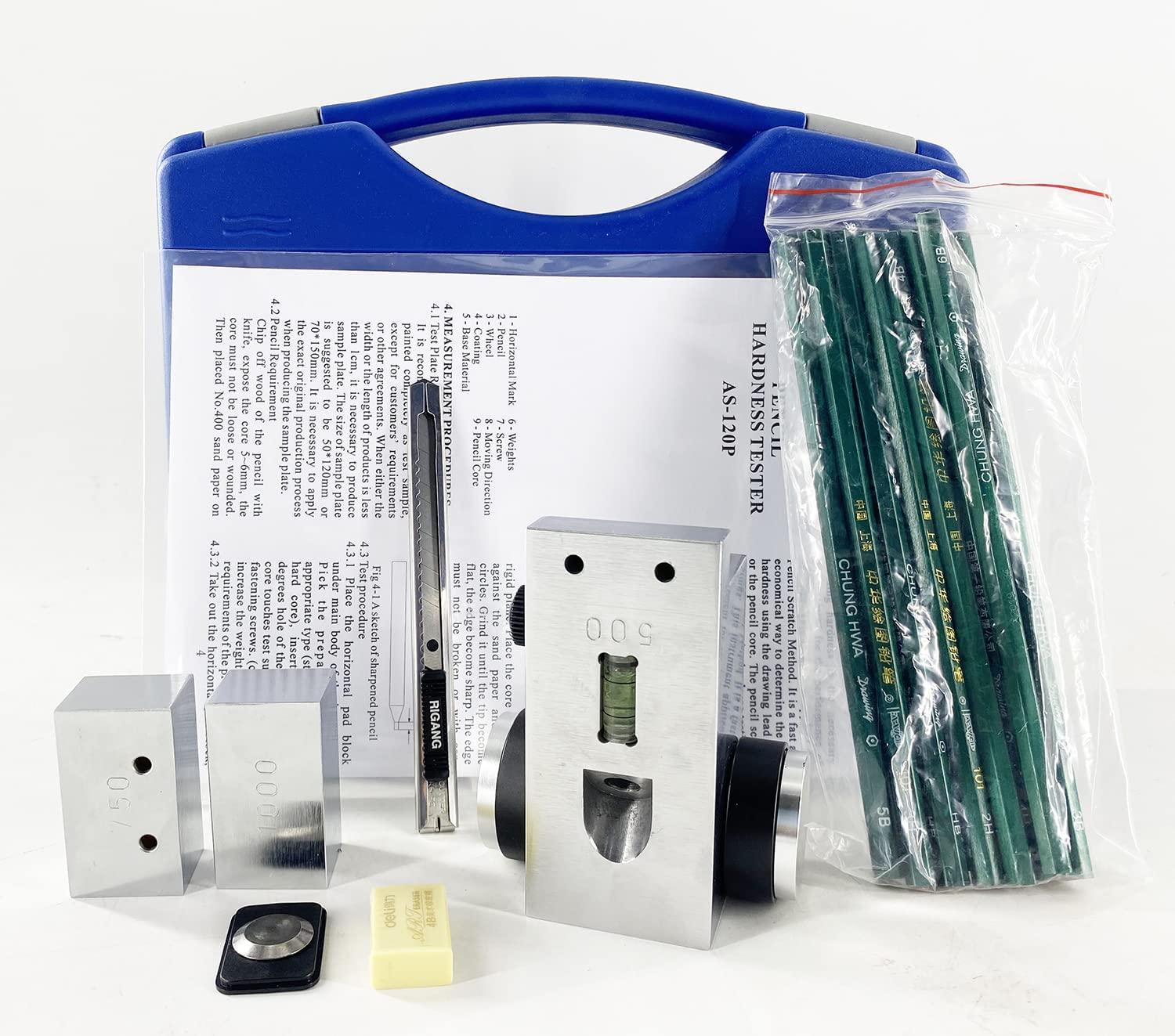 Pencil Hardness Tester Meter Coating Film Scratch Tester with 1000g /750g /500g Load Weight 6B-6H 13 Pcs Pencils Two Wheels A Pencil Core Three Touch Points 45°Measurement Angle