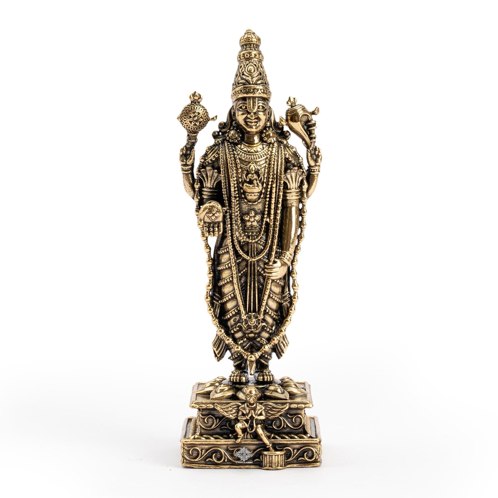 INDIAN ART VILLA Brass Tirupati Balaji Murti, Lord Venkateswara Idol, Antique Brass Finish Hindu God Statue for Pooja, Home Mandir, Vastu & Religious Gifting, 4 Inch-image-47