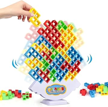 64 Pcs Stacking Tower Game with 22 Cards, Giant Tumble Balance Game for Family, Ideal Gifts for Grandkids, Christmas Stocking Stuffers for Teen Boys & Girls, Party Board Game for Kids 6-12 & Adults