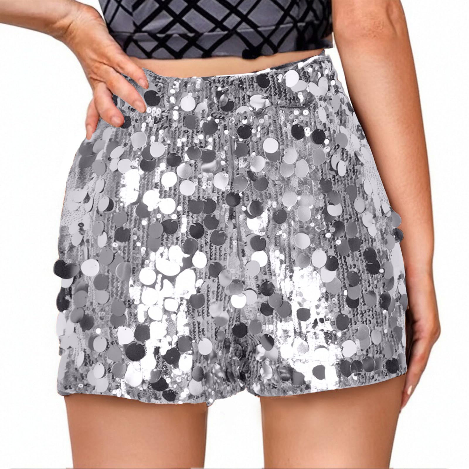 Damen Glitzer Shorts Party Festival Outfit Rave Clubwear Pailletten Short Elastischem Bund Y2k Hotpants Karneval Booty-Shorts Silber Gold Kurze Hose Damen-Shorts Silvester Glitzer Hot Pants Kostüm