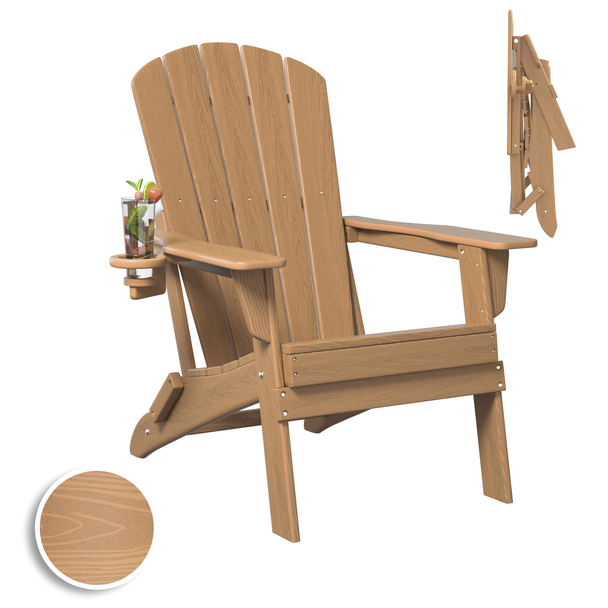 Plawdlik Folding Adirondack Chair, SGS Tested, Wooden Textured with Cup Holder, Heavy All-Weather HDPE Comfortable Set Poolside Backyard Lawn Teak