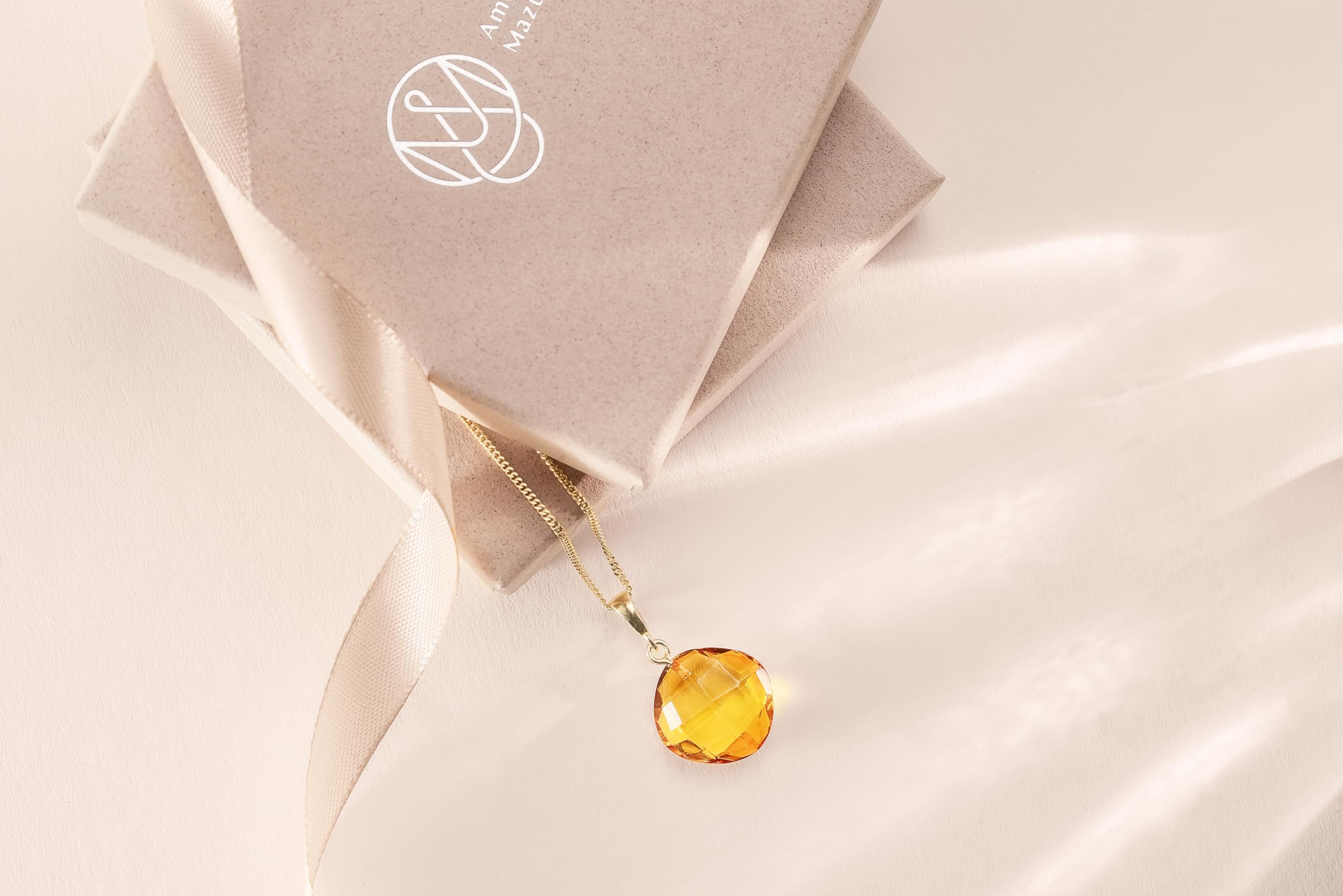 Baltic Amber Pendant for Women, Sparkling Amber Drop, Gold Plated Sterling Silver Necklace, Cognac Color Jewelry for Ladies, 18 inch gold plated chain: Faceted Cushion