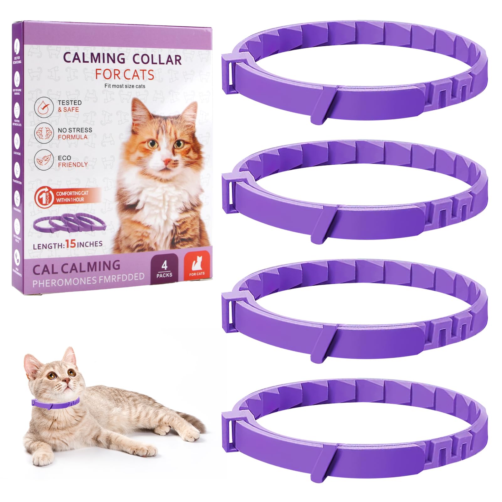 Collar calmante para gatos de 4 piezas, antiestrés natural con feromonas, color púrpura, talla ajustable y efecto 30 días, para gatitos y gatos adultos