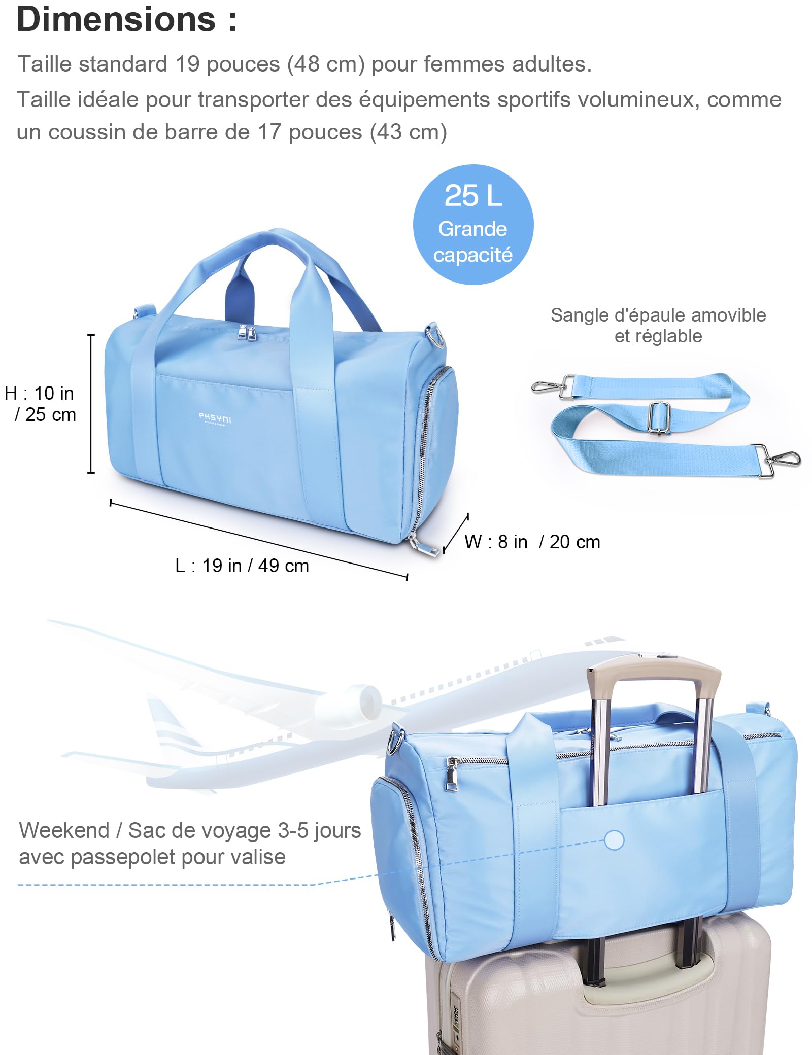 19 Pouces Sac De Sport Femme,Sac De Voyage Femme,avec Compartiment À Chaussures Et Poche Imperméable,pour Les Voyages, La Danse, Sportives Sac D'entraînement (Bleu,49x20x25 CM,25L)