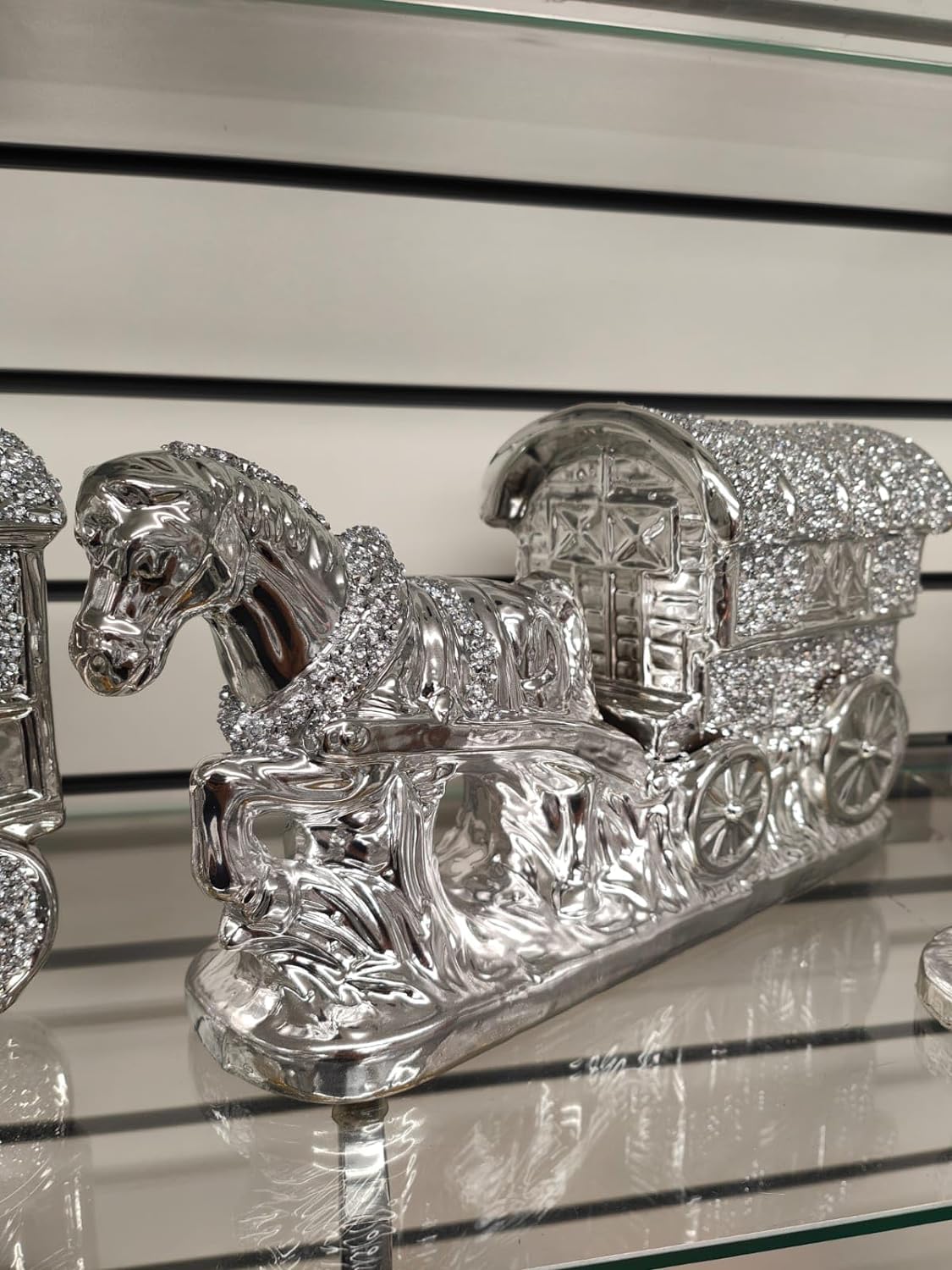 Deenz Silver Horse With Wagon Gypsy Crushed Diamond Carriage Ornament Shelf Sitter Bling