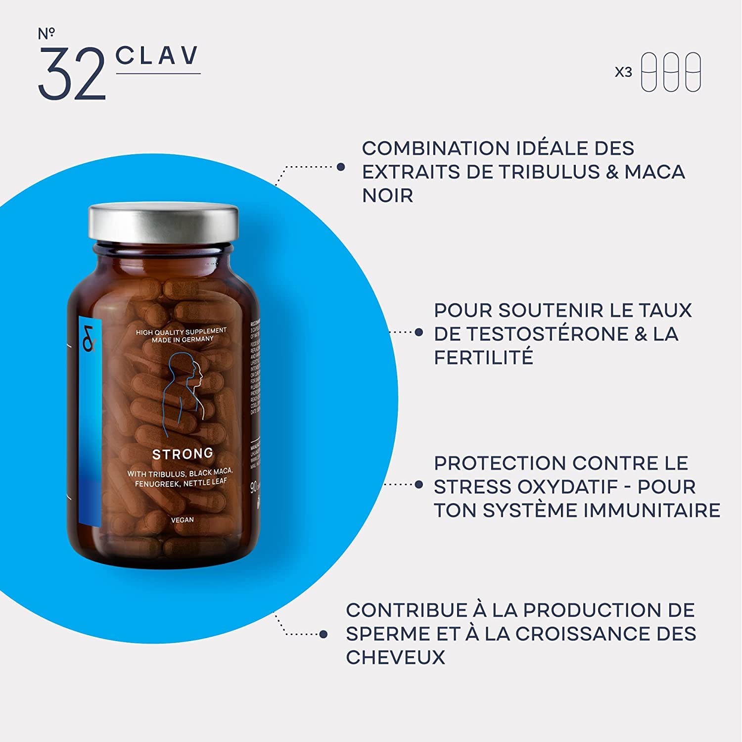STRONG - Maca Noire Complexe avec Tribulus Terrestris, Codyceps Sinensis, L-Arginine, Ail Noir, Fenugrec, Ginseng, Zinc & Sélénium- 90 Gelules - Testosterone Homme Booster