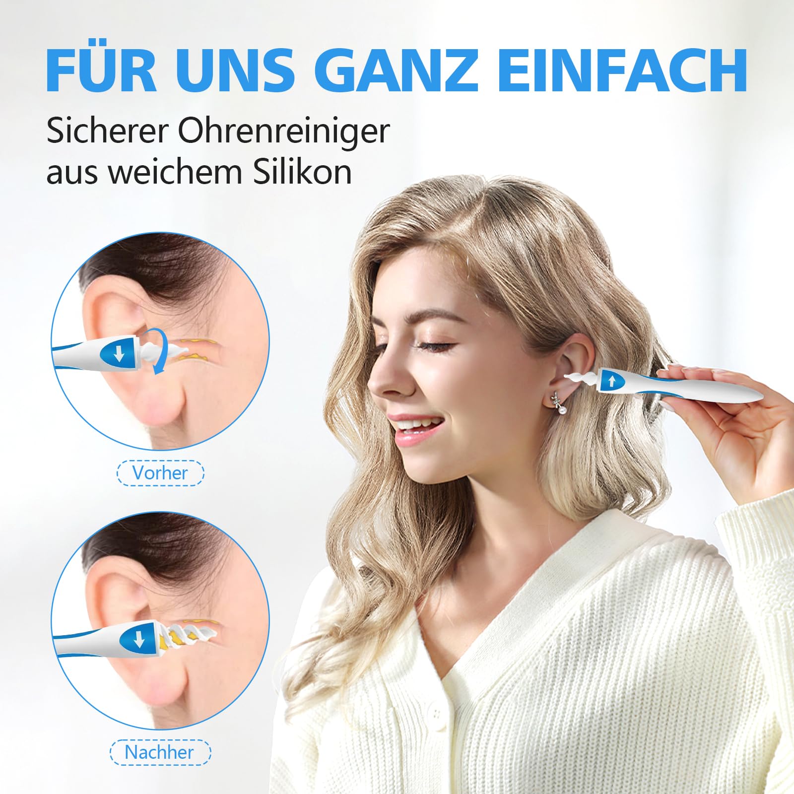 Kit Pulizia Orecchie 360°, Pulitore Orecchie in Silicone a Spirale, Pulisci Orecchie per Adulti e Bambini, Rimuovi Cerume Sicuro con 3 Tipi di Testine, 16 Testine Totali