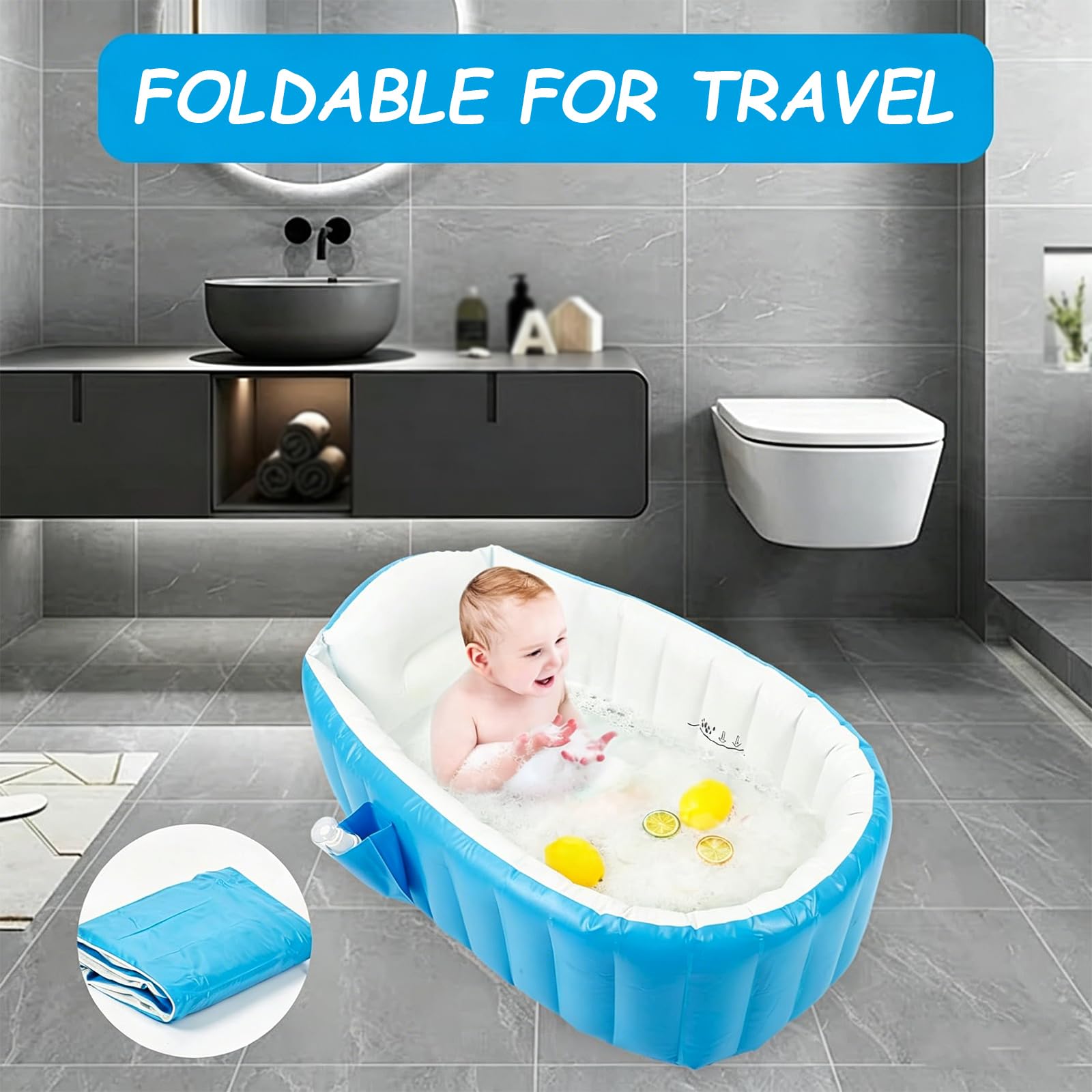 BañEra Inflable,PortáTil De Viaje para BebéS Y NiñOs PequeñOs,con Bomba Aire,Un Imprescindible El BañO,DiseñO Plegable Un FáCil Almacenamiento, ReciéN Nacidos hasta(64 * 98 * 28cm,Blue)