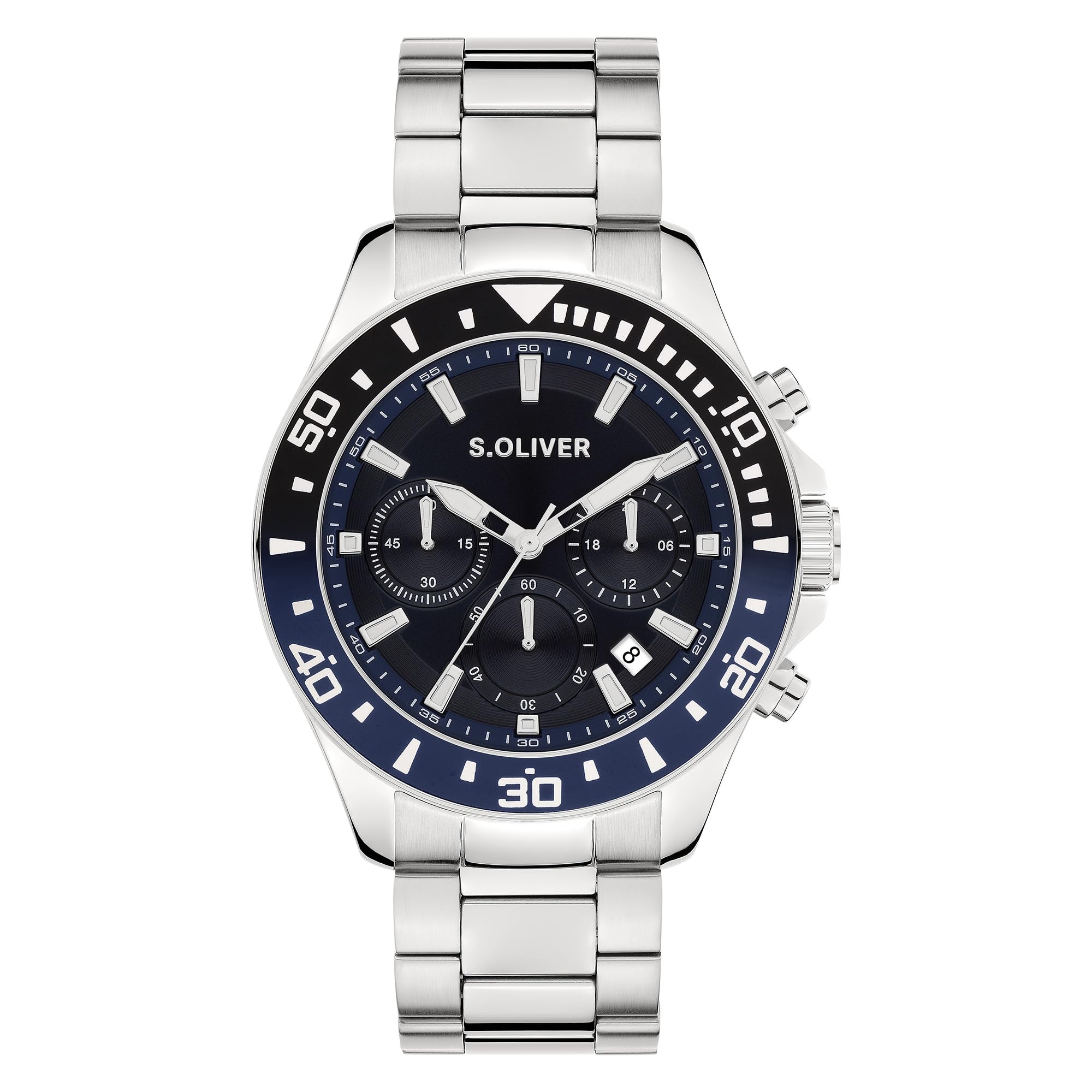 s.Oliver Men's Watch – Round – Silver – 41 mm – Metal Watch with Quartz Movement on Stainless Steel Strap with Folding Clasp – Analogue Watch – 10 ATM Waterproof – Scratch-Resistant