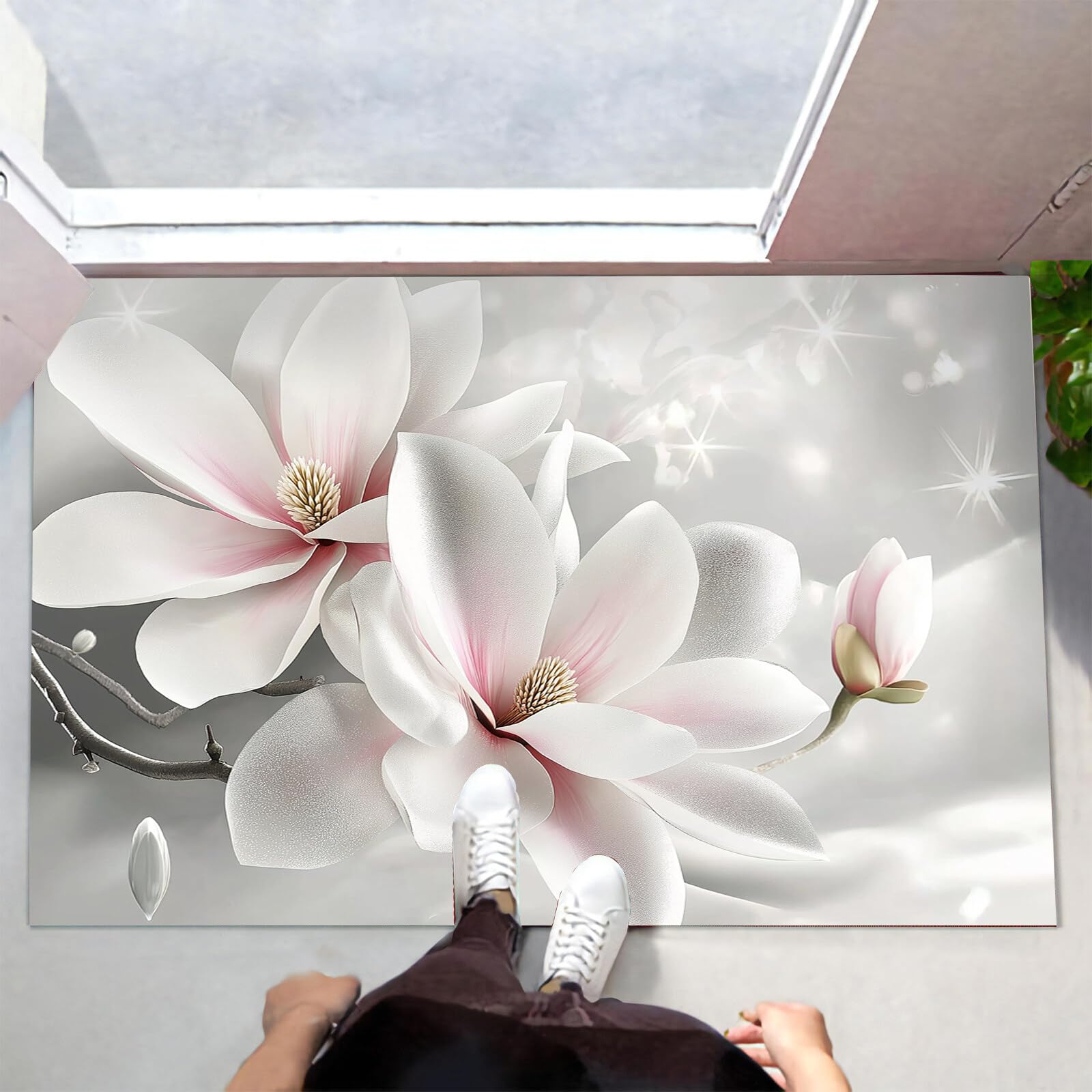 Tappetino Entrata Rosa Magnolia Scintillante Zerbino Piante Eleganti Zerbini Di Benvenuto Per Cucina Interno Terrazzo Posteriori Esterno Porte Anteriori La Casa,90X150Cm