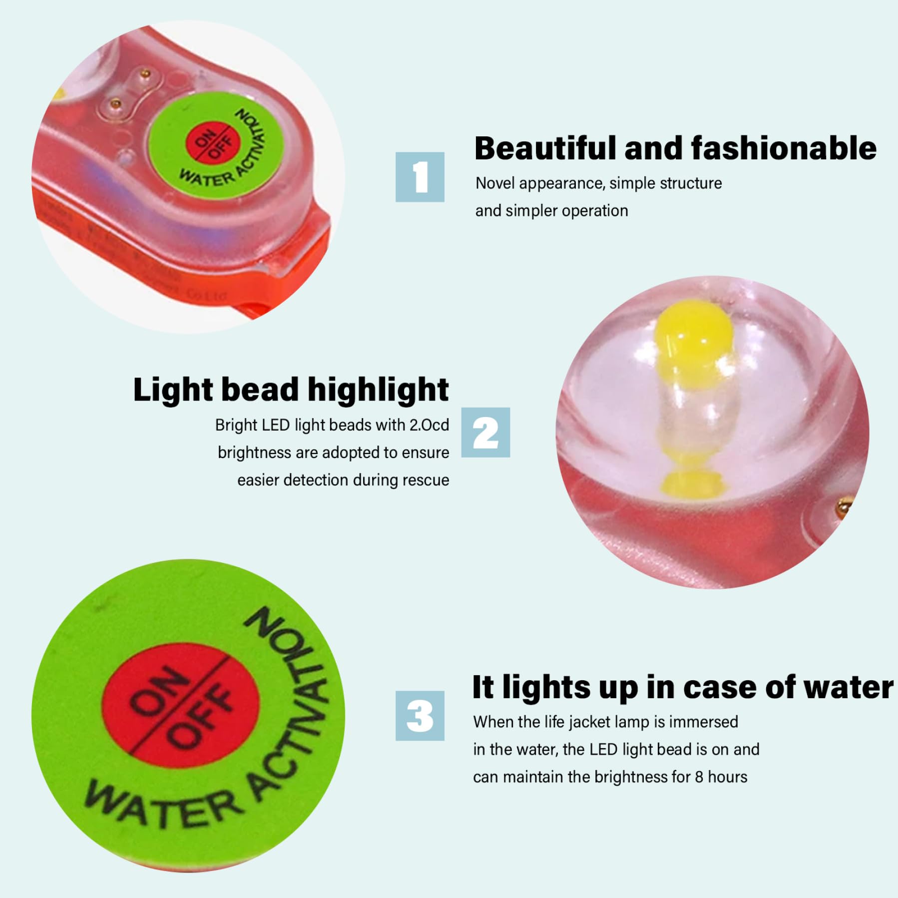 Luce per giubbotto di salvataggio da 2 pezzi, luce per giubbotto di salvataggio attivata dall'acqua rossa e verde, gilet a LED bianco alimentato a batteria per canottaggio, kayak, emergenza