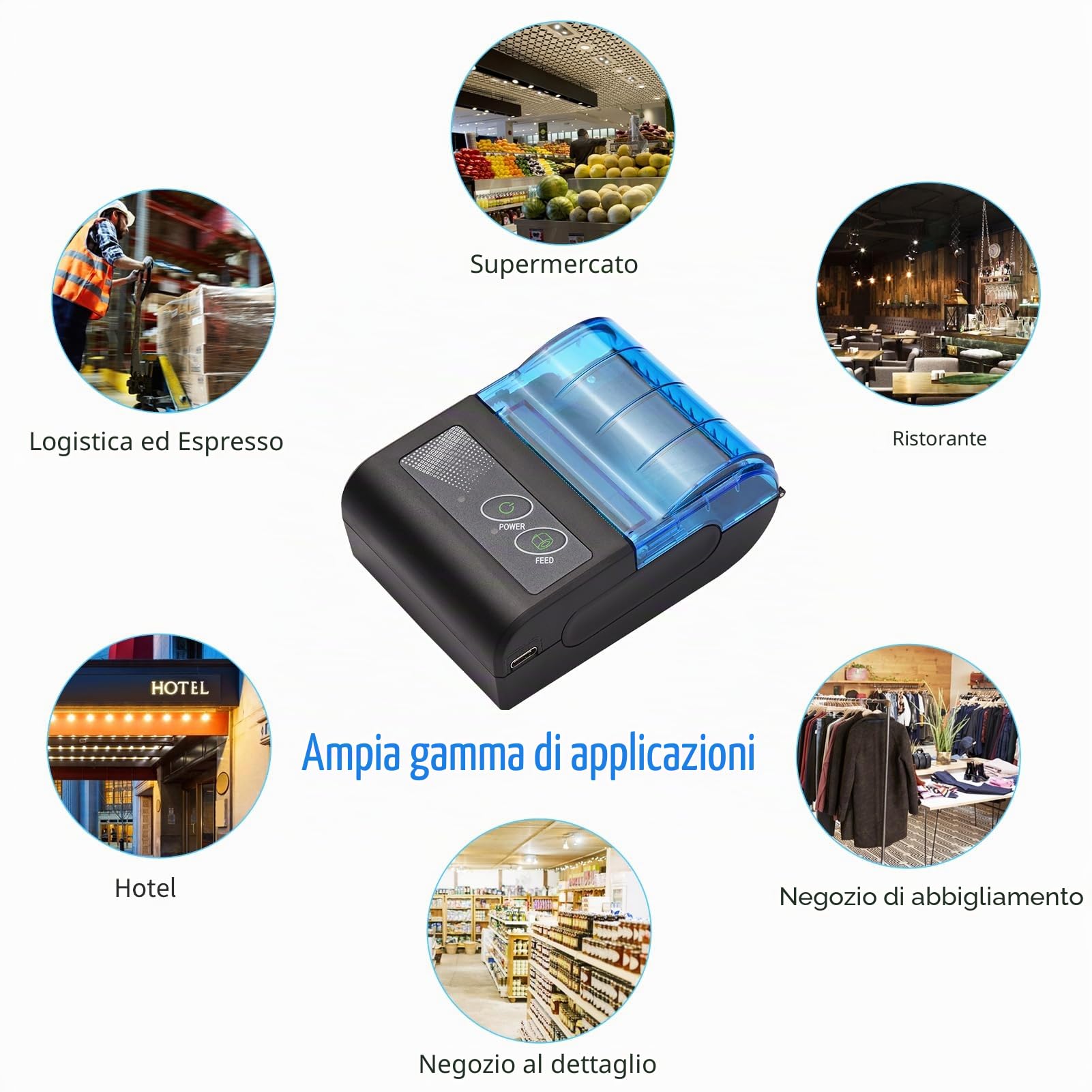 Mini stampante termica portatile,Xgr-Pos581 Stampante per ricevute USB wireless 2 pollici con carta stampa 58 mm compatibile con Android