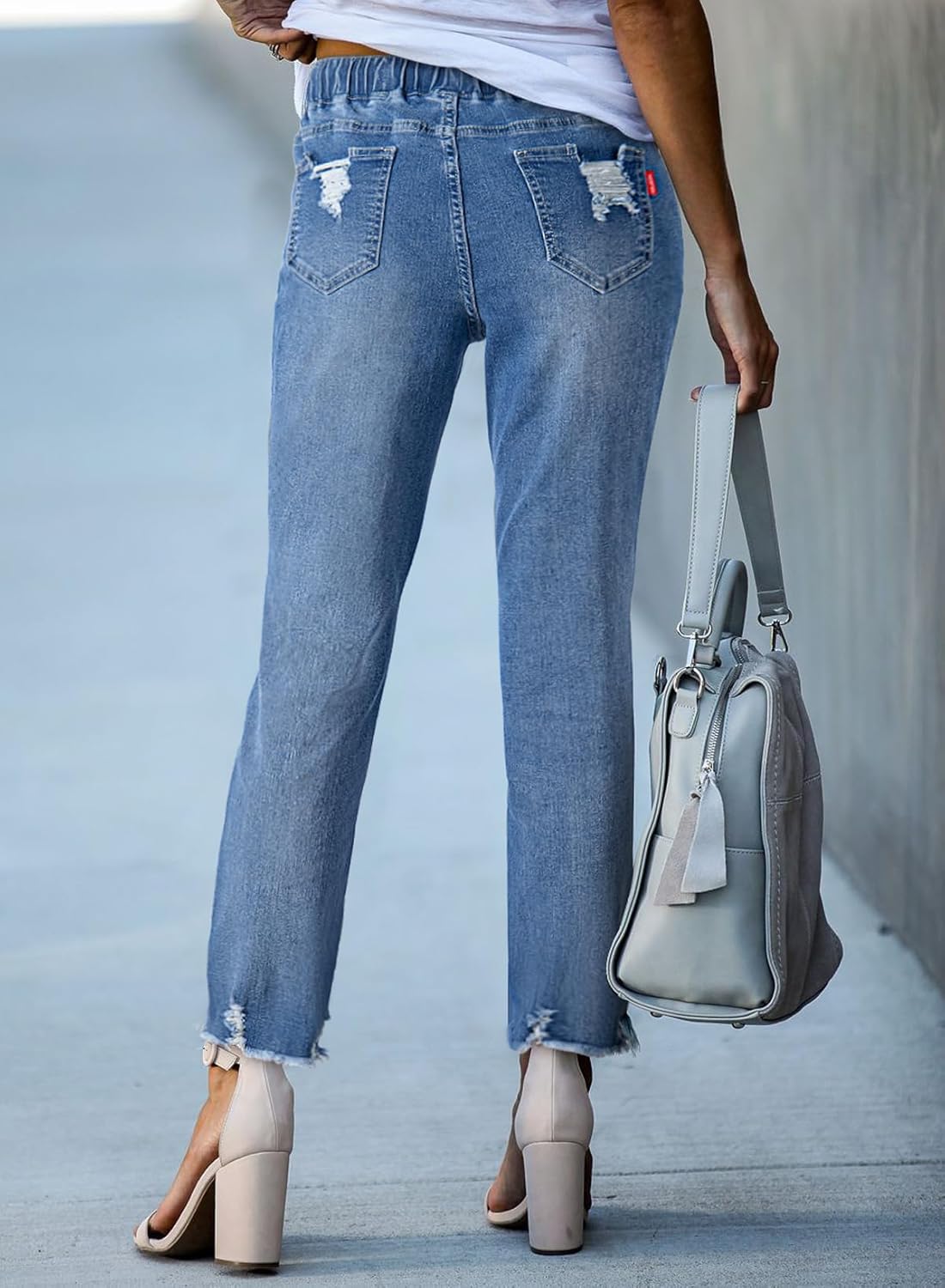 Sidefeel Women's Zimbaplatinum Drawstring Jeans High Waisted Ripped Boyfriend Pull On Denim Joggers Trousers - Image 3