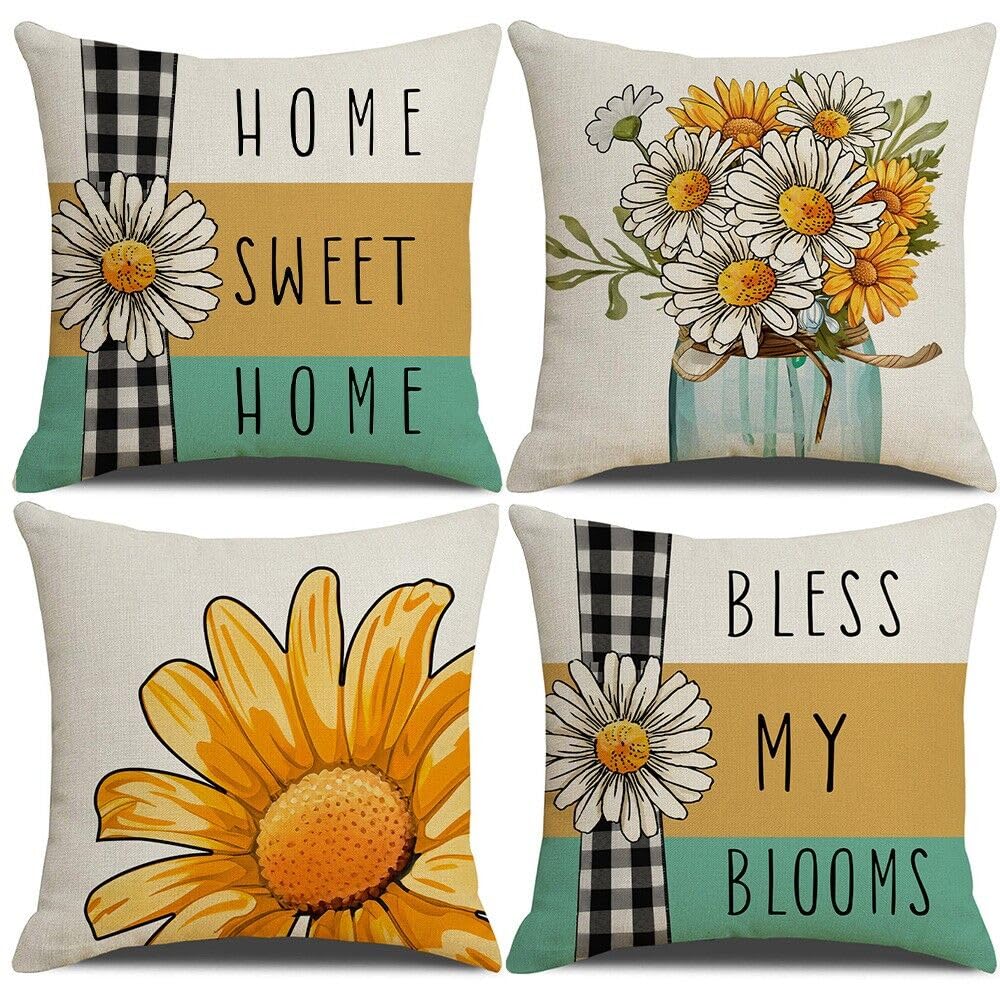 YOKUPOTAC Cushion Covers 45x45 cm Set of 4, Soft Velvet Daisy Farmhouse Throw Pillow Case, Square Rustic Floral Decorative Throw Pillowcase for Sofa Couch Living Room Bedroom — image 1