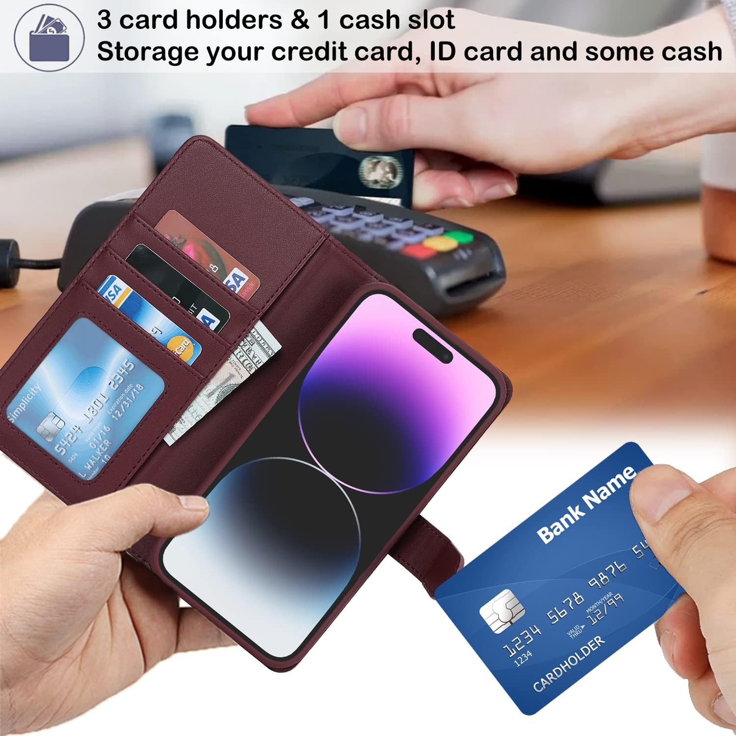 Ｈａｖａｙａ for iPhone 14 Pro Max Case Wallet Magsafe Compatible 2 in 1 Detachable with Card Holder Pu Leather Flip Folio Credit Card Slots Stand Magnetic Shockproof Phone Cover (6.7")-Wine Red