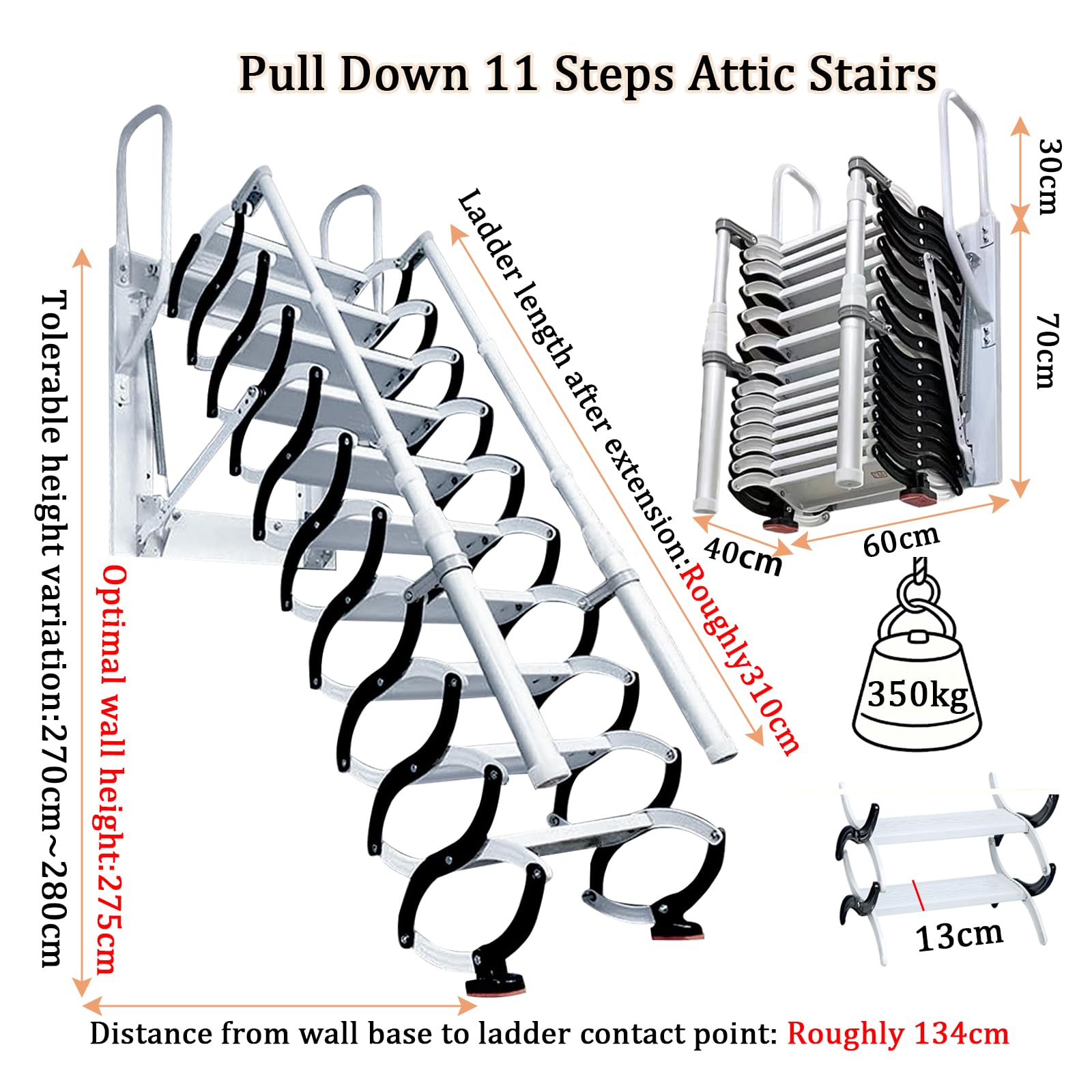 11 gradini Scale accesso sottotetto, Scala pieghevole mansarda soffitta, Scala retrattile a muro con,scala soppalco braccioli, portata 350 kg, Adatto per ripostigli, cantine e garage (11 gradini)