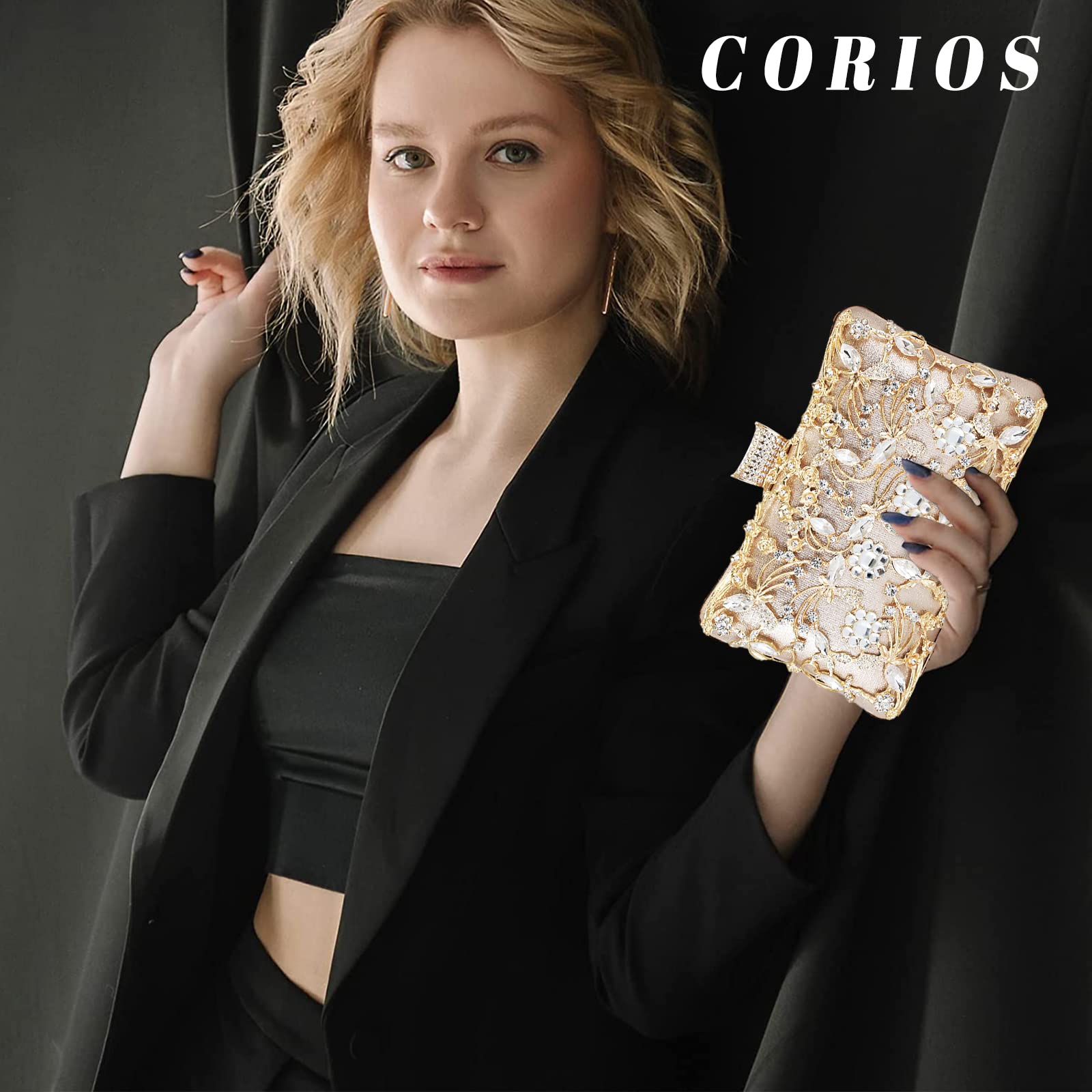 CORIOS Bolsa de Noche para Mujer Diamantes de Imitación Clutch Bolso de Fiesta Bolsos Bandolera con Cadena Bolso de Hombro para Fiesta de Graduación Banquete Boda Dorado