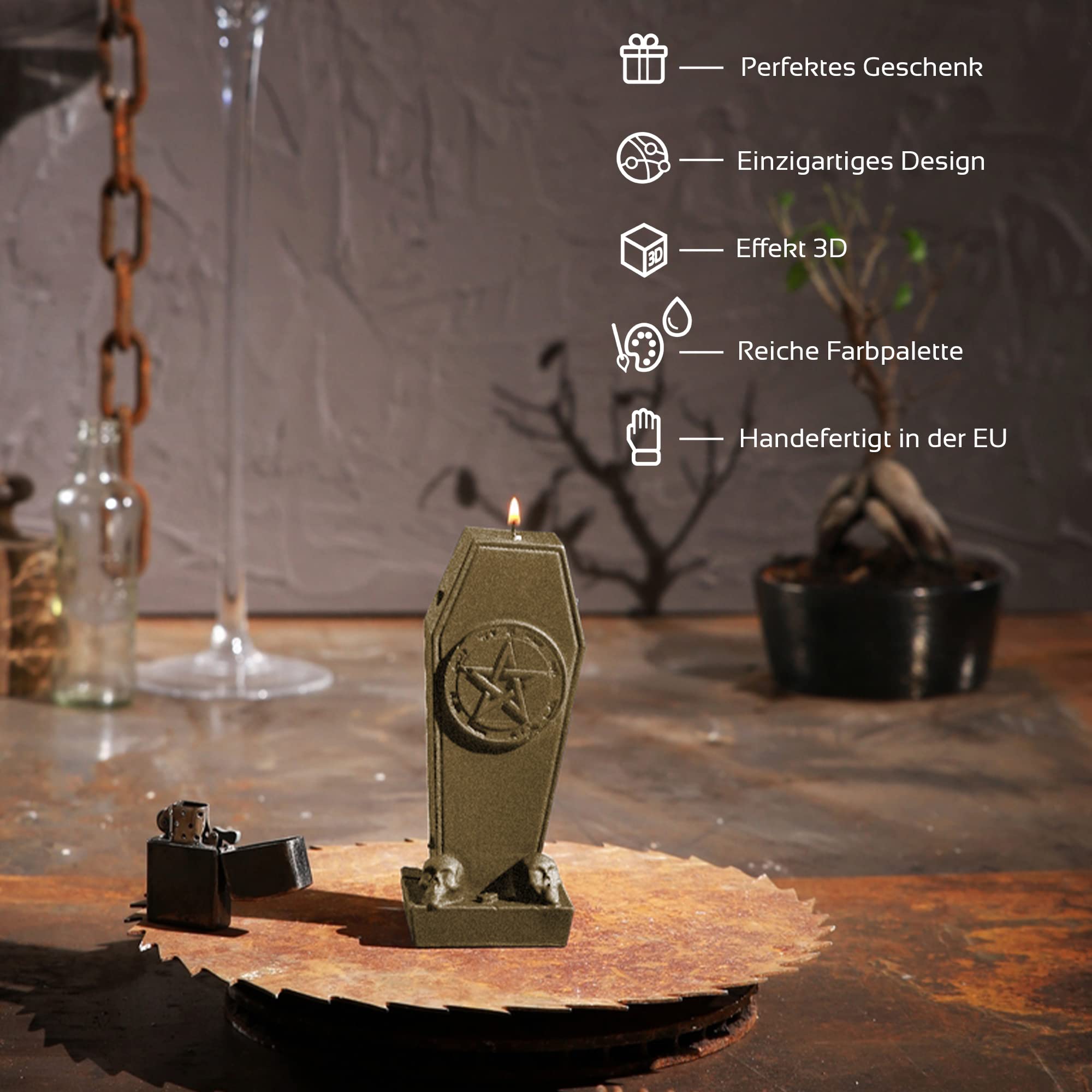 Candellana Sarg Deko Kerze - Halloween & Gothic Dekoration Mit Pentagramm Design