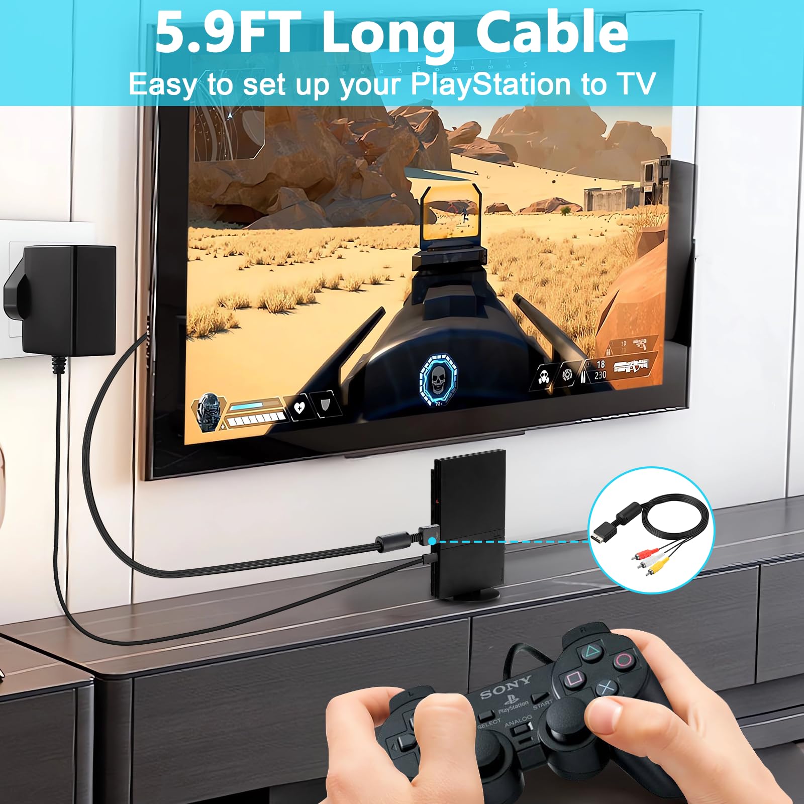 AV Cable for PS2/PS1/Playstation, AV to RCA Composite Audio Video Adapter Cord Compatible with Playstation 1/PS 2/PS2 Slim Console to TV/Monitor (5.9FT, Plug and Play)