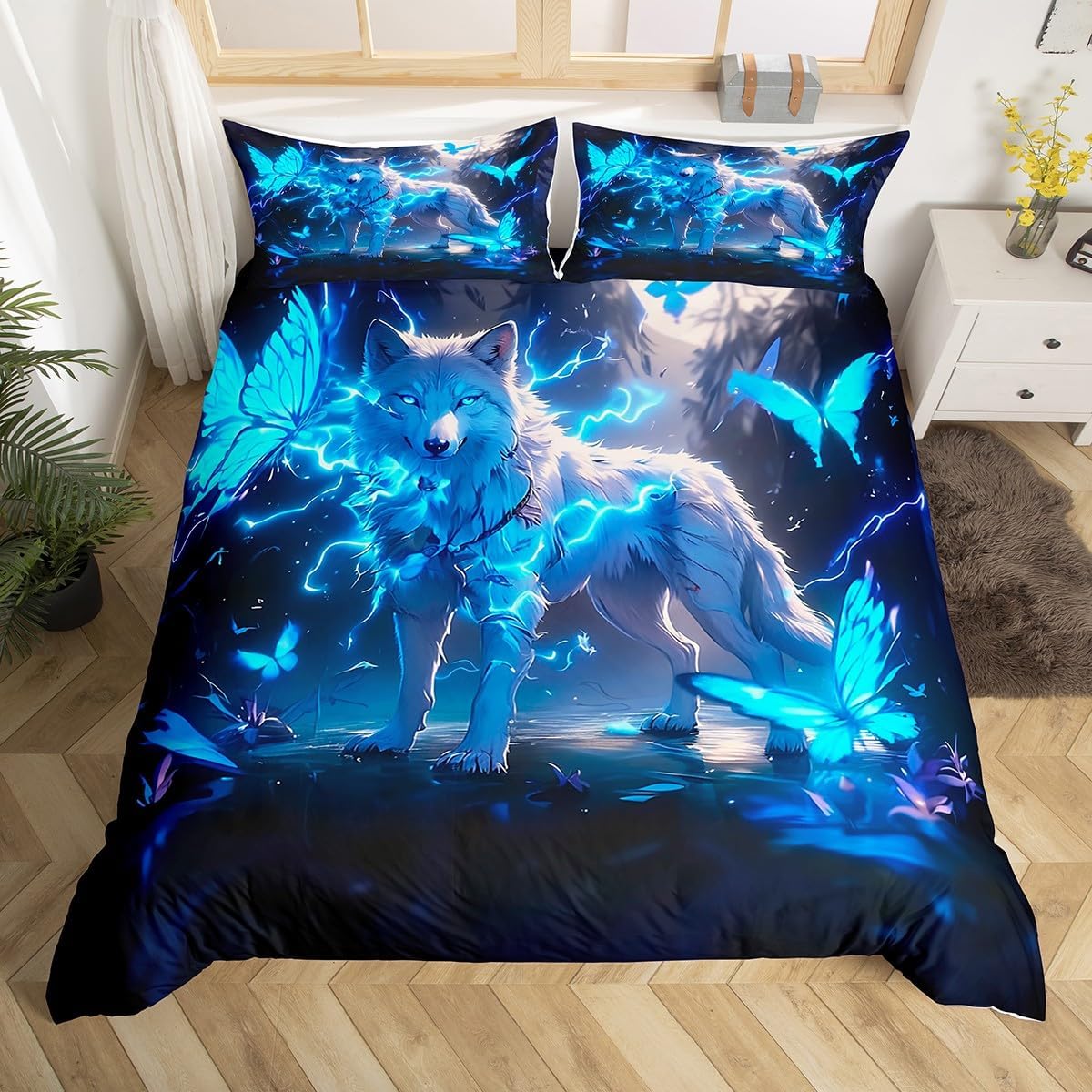 Wolf Toddler Size Duvet Cover,Blue Lightning Butterfly Mysterious Duvet Cover for Kids Teens All Season,Cool Wolf Magical Wild Animal Bedding Set,No Comforter