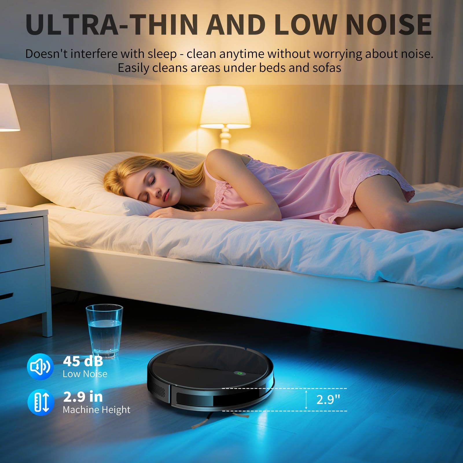 Aspiradora robótica, 2400 Pa, 120 minutos máximo, súper delgada, silenciosa, con aplicación y control remoto, ideal para suelos duros, alfombras, cabello, carga automática (G100) 8