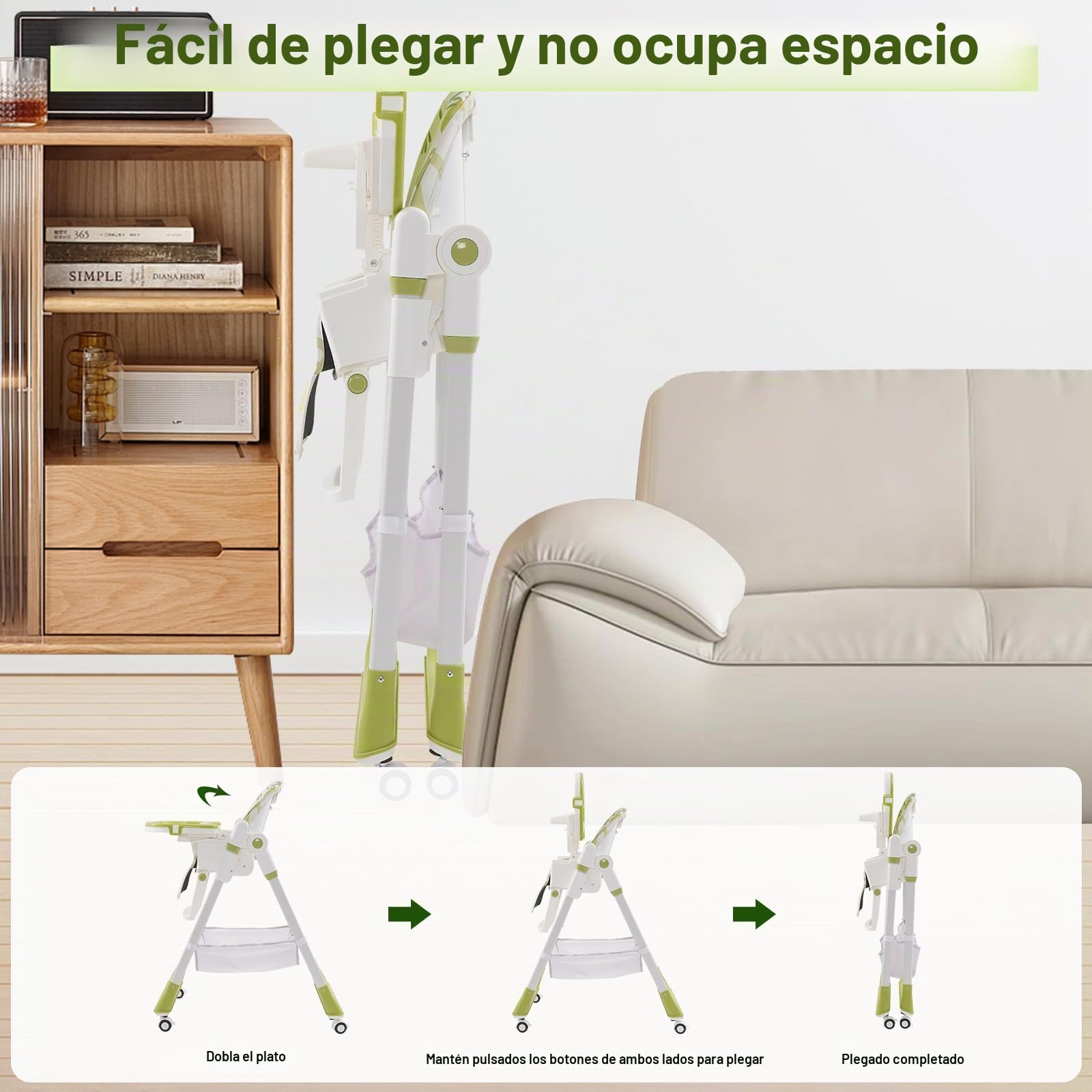 Trona para bebé plegable, Trona bebe con reposapiés, ruedas, altura y respaldo regulables, trona versátil para bebé desde el nacimiento