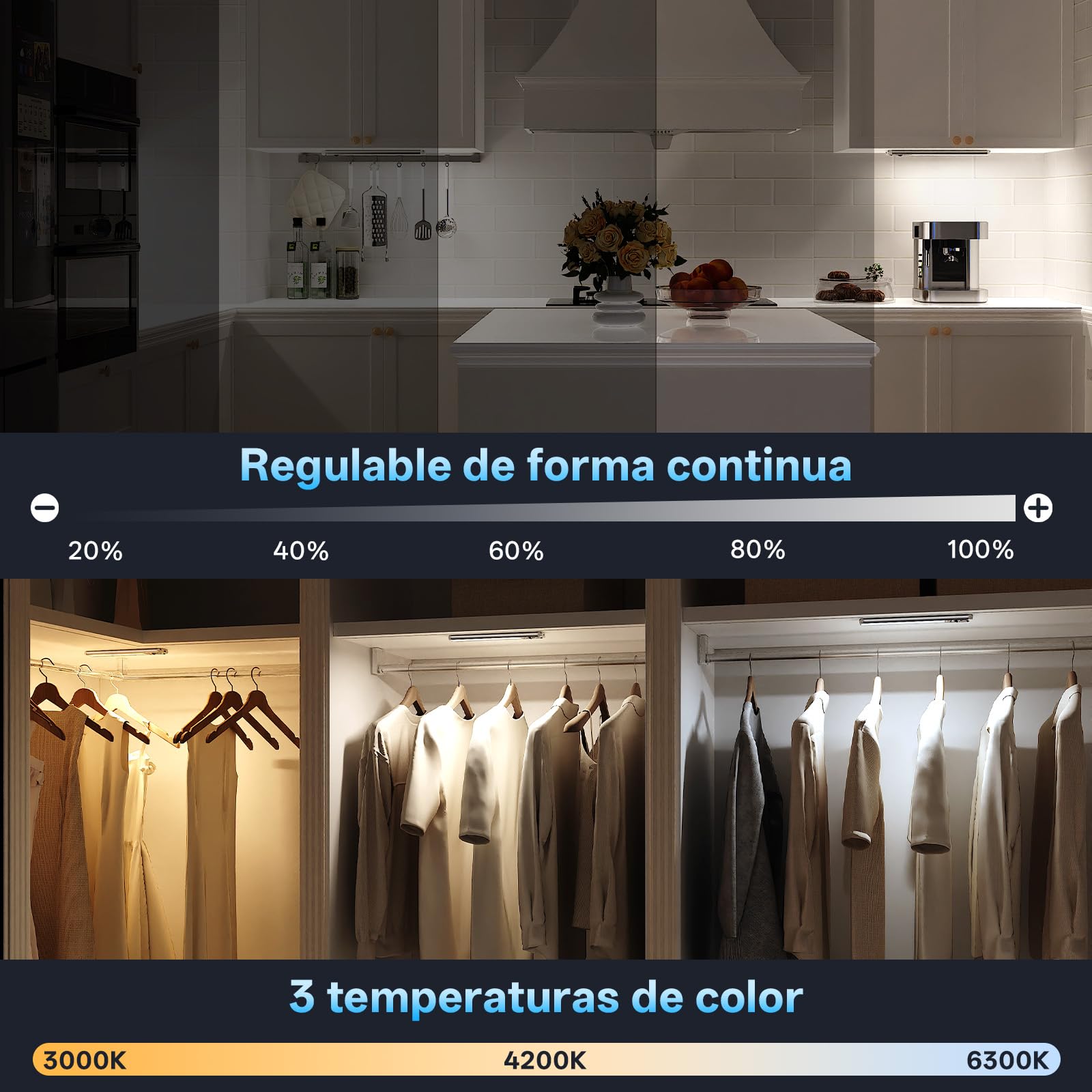 Luz Led con Sensor de Movimiento, 35 cm Luz Armario, 6 piezas | Lámpara Led Recargable con 3 temperaturas de color,2200 mAh, Atenuación Continua, Montaje Magnético para Armarios y Vitrinas