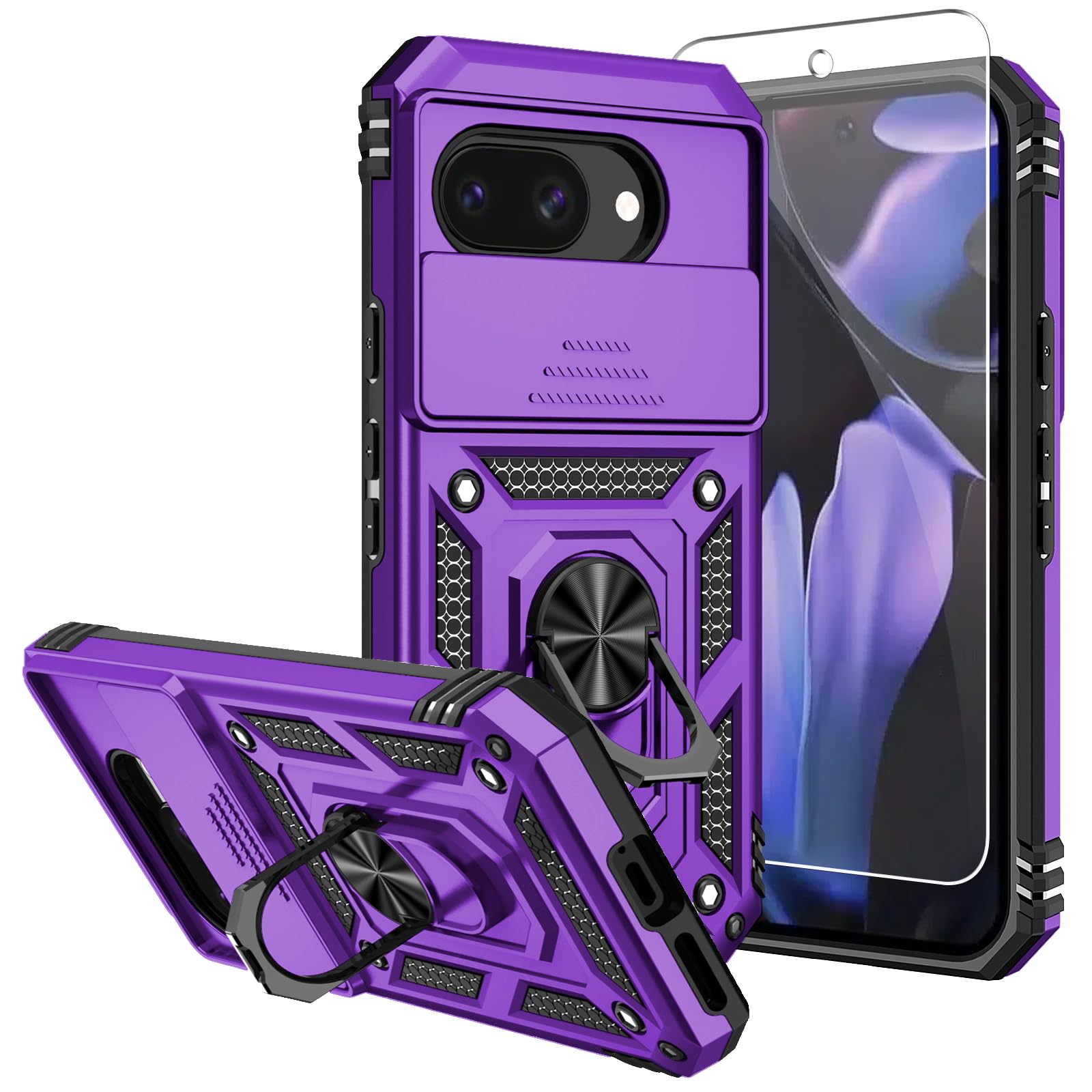 for Pixel 9a Case,with Screen Protectors and Camera Cover,[Military Grade] 16ft.Drop Tested Cover with Magnetic Kickstand Protective Case for Google