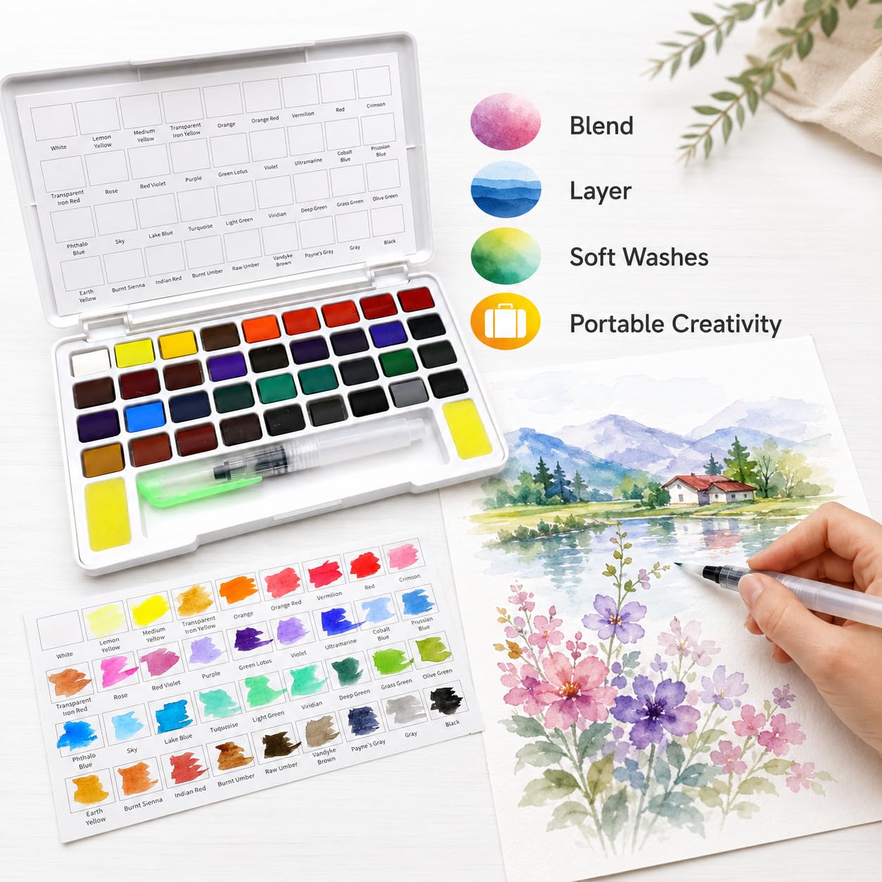 Artme Acquarelli/Set per pittura ad acquerello con cubo in custodia da trasporto con pennello - 36 colori vivaci, fornitura artistica essenziale.