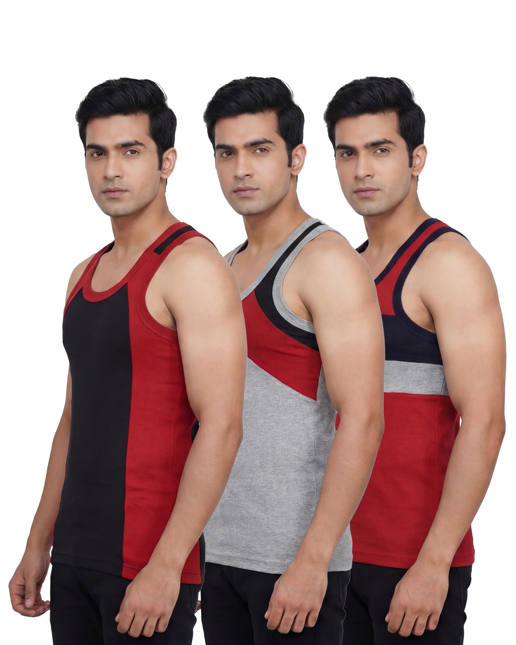 opex Men's Cotton Panel Design Tank Hi-5 Vest | Sleeveless Round Neck Contrast Block Gym & Casual Wear | Soft Breathable Regular Fit Innerwear Combo (Pack of 3)-picture-15