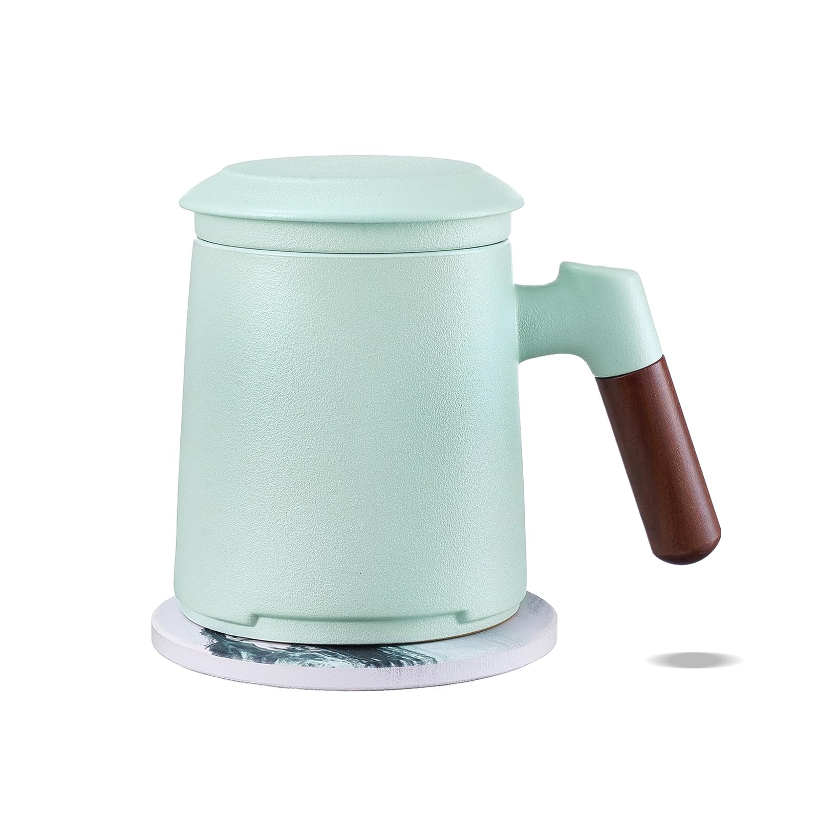 ZENS 12 oz Ceramic Tea Cup with Infuser and Lid Wood Handle Steeper Mug, Fine Strainers, Absorb Coaster for Tea Lovers Gifts