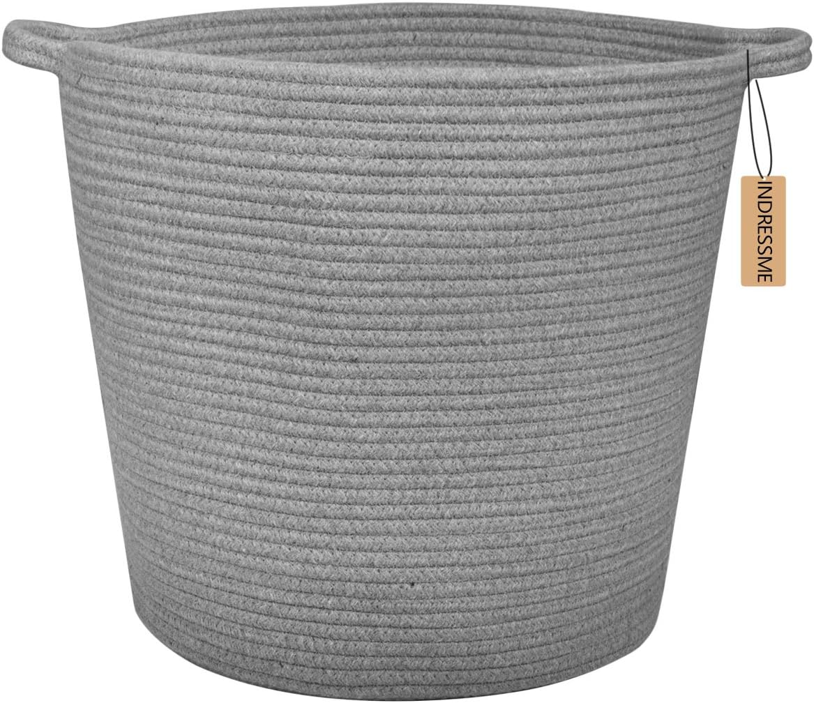 INDRESSME Extra Large Storage Baskets Cotton Rope Basket Woven Baby Laundry Basket with Handle for Diaper Toy Cute Home Decor addition Diaper Toy 16.0"x 15.0"x12.6", Grey