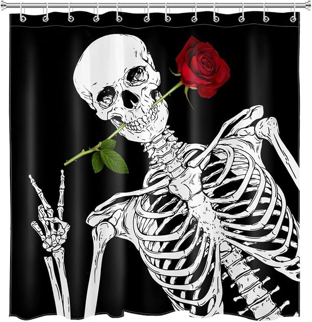GOOSING Halloween Skull Shower Curtain for Bathroom, Black and White Funny Sugar Skeleton and Red Rose Shower Curtains 72x72 Inchs with Hooks Waterproof Fabric Holiday Bath Decor Accessories