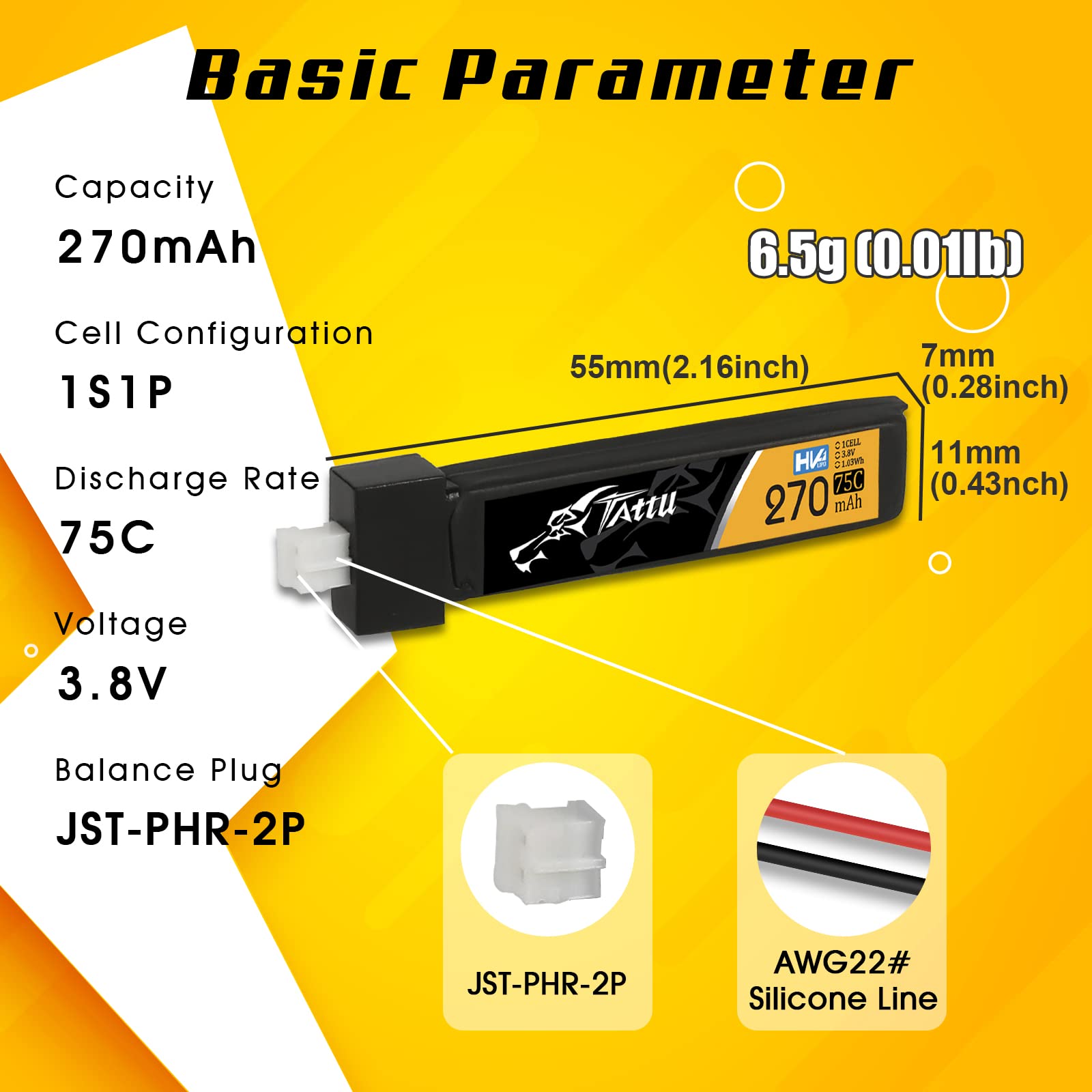 Tattu 1S Lipo Akku 270mAh 3.8V 75C 1S1P HV Lipo Akku Pack mit PH 2.0 Stecker für Eachine UK65/US65 (5PCS)