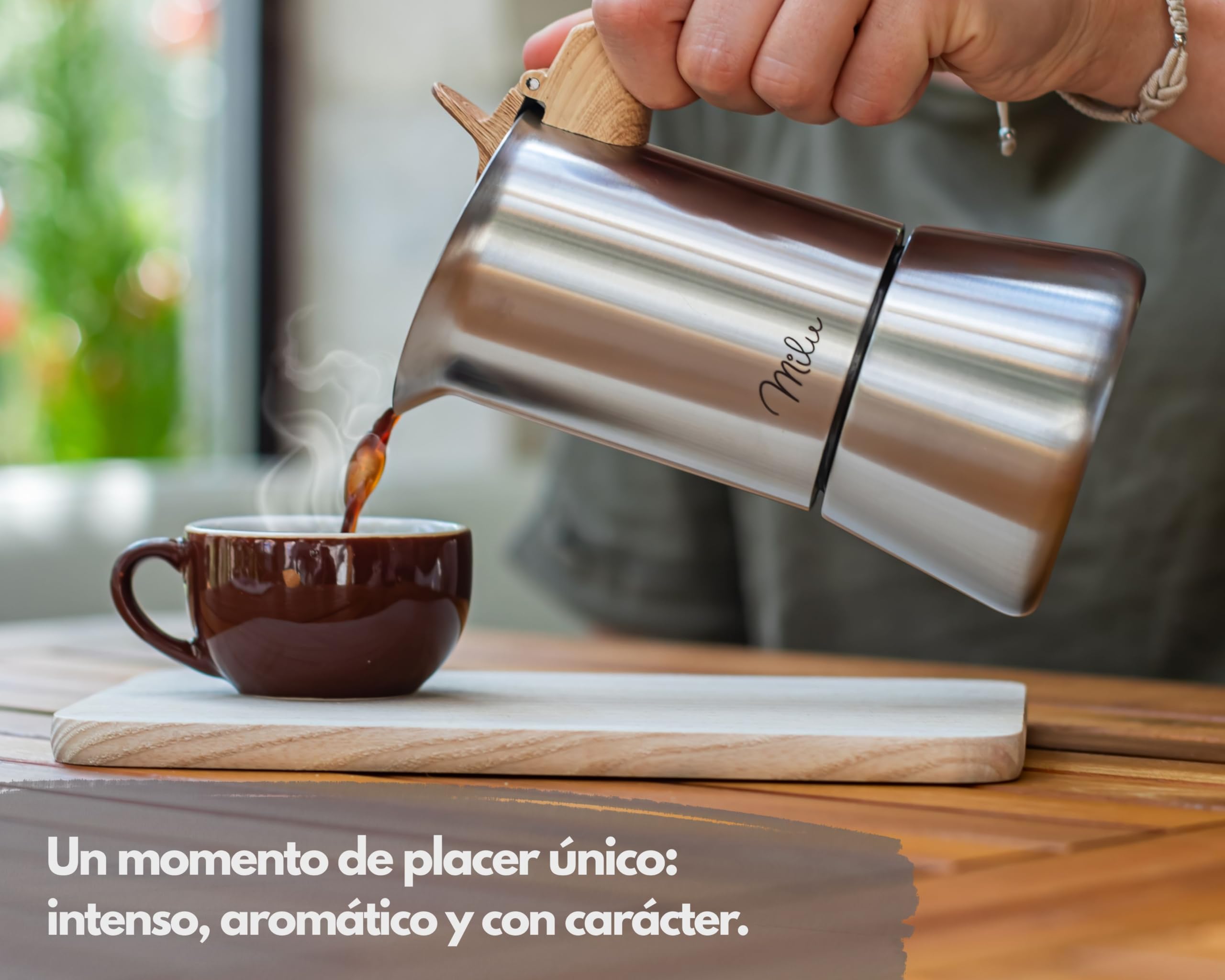 Milu Cafetera Italiana (2 Tazas sin inducción) 2 4 6 9 Tazas Cafetera Moka de Acero Inox Expresso Maker - Set comprensivo di sottobicchiere, cucchiaio, spazzola (Asa: Aspecto madera, 4 tazas (200ml))
