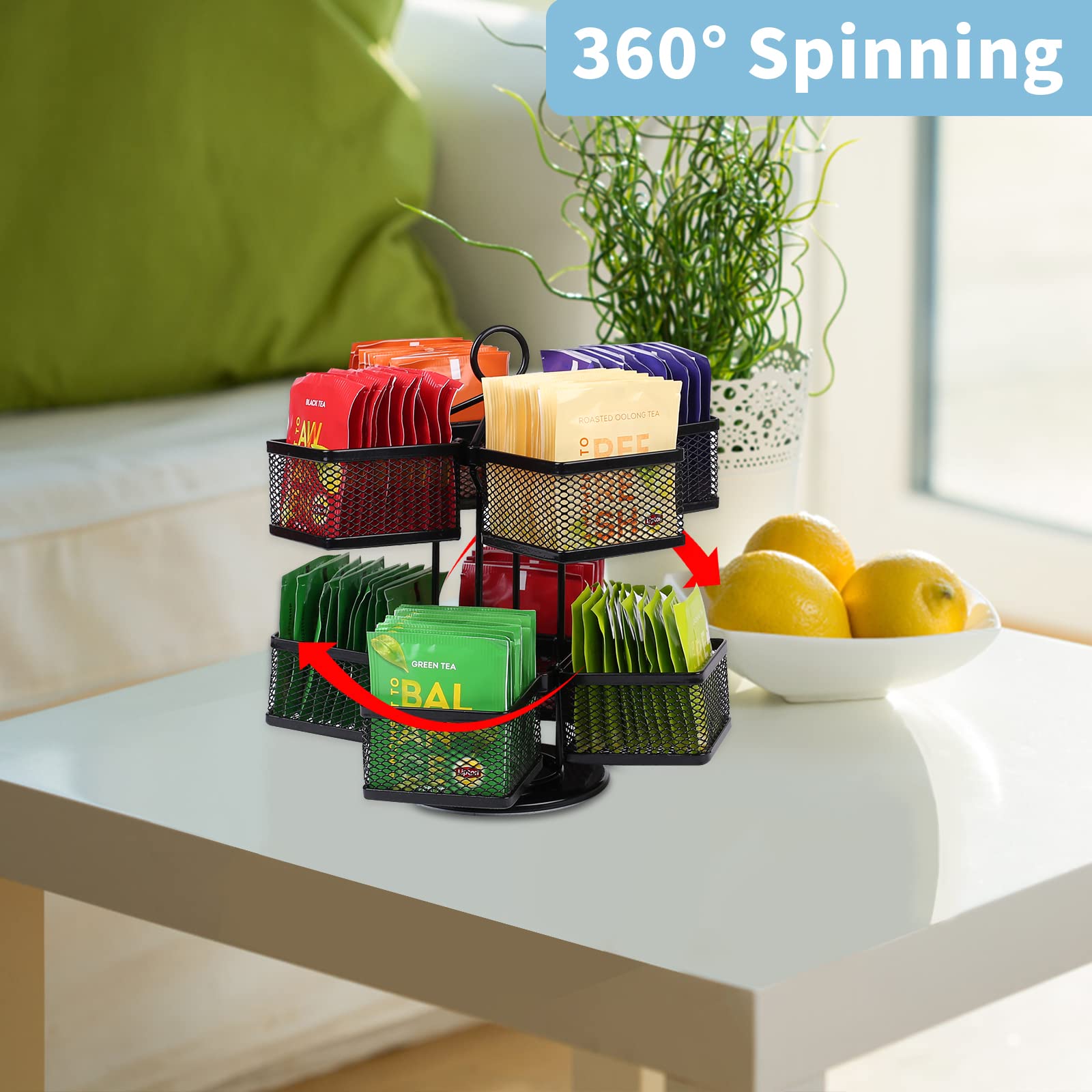 Boîte à thé avec 8 Compartiments, Boîte de Rangement pour Sachets de thé Rotatif à 360˚, 2 Niveaux Stockage de thé pour Organisateur de Comptoir de Cuisine, Noir