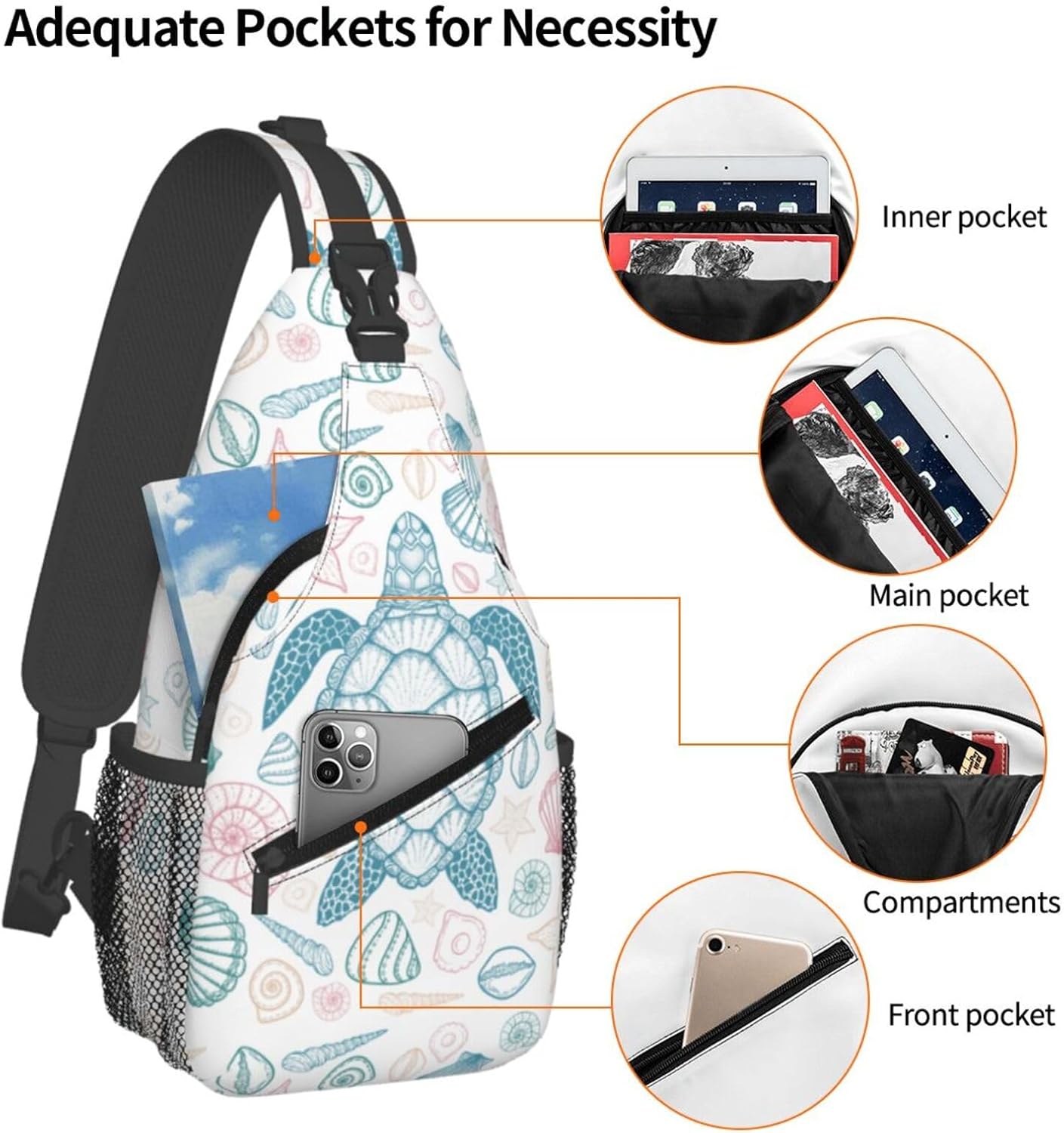 Sea Turtle Crossbody Sling Bag for Women Men Coastal Sea Animal Turtle and Shells in Line Art Style Travel Sling Backpack Casual Shoulder Bag Underwater World Print Sports Hiking Daypack - Image 3