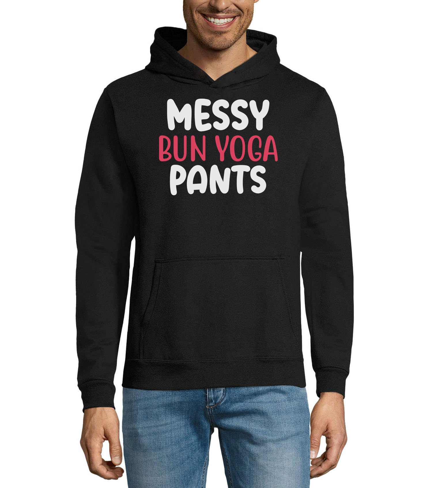 Messy Bun Spodnie do jogi różowe i białe logo unisex mieszanka bawełny bluza z kapturem bluza z kapturem czarna