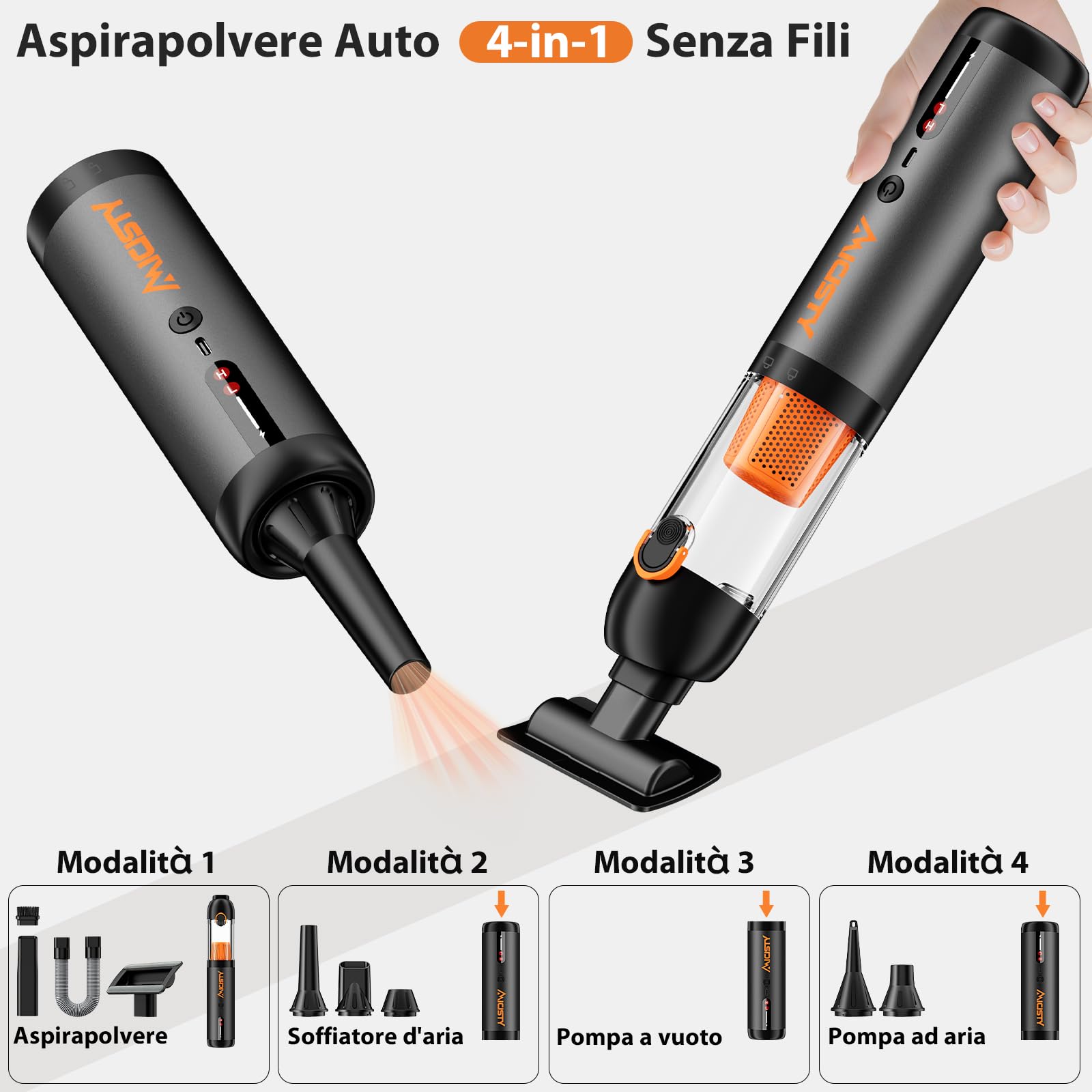 Aspirapolvere per Auto Potente 30.000 Pa, Aspirapolvere a Mano con Batteria 4-in-1 – Senza Fili come Mini Aspirapolvere/Soffiatore/Pompa d'Aria/Pompa a Vuoto, 7800 mAh, Ricarica Rapida