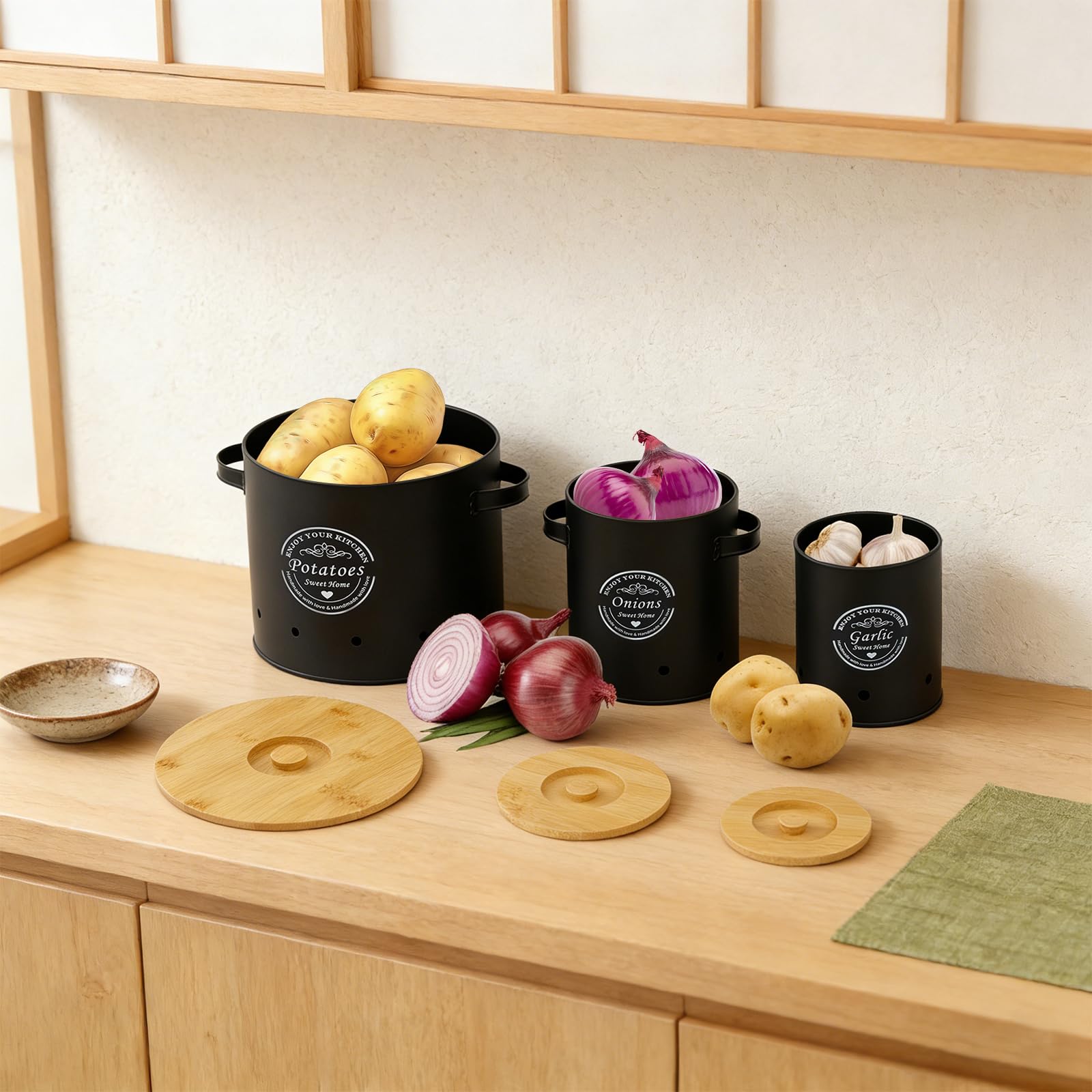 3er Set Aufbewahrung Kartoffeln Zwiebeln Knoblauch Kartoffel Aufbewahrungsbox mit Frischebelüftung Zwiebel Aufbewahrungbox mit Deckel & Griff Aufbewahrung Küche aus Kohlenstoffstahl，A，A