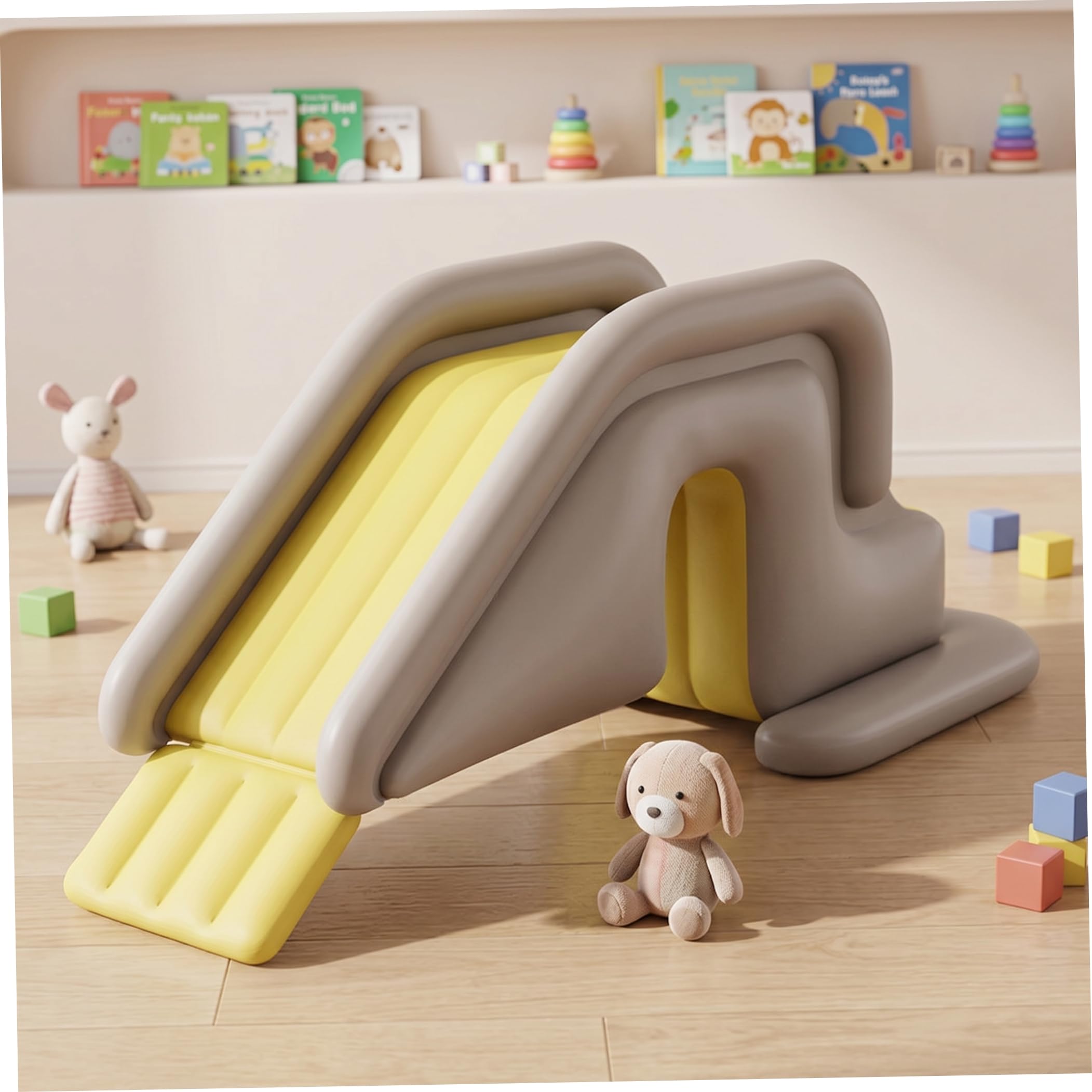 Aufblasbare Poolrutsche, Schwimmbadrutsche mit breiter, mit Wasser befüllbarer Basis – einfache Montage, Aufbewahrung, PVC für drinnen und draußen, ideal für Kinder und Erwachsene (Khaki mit Fußpum