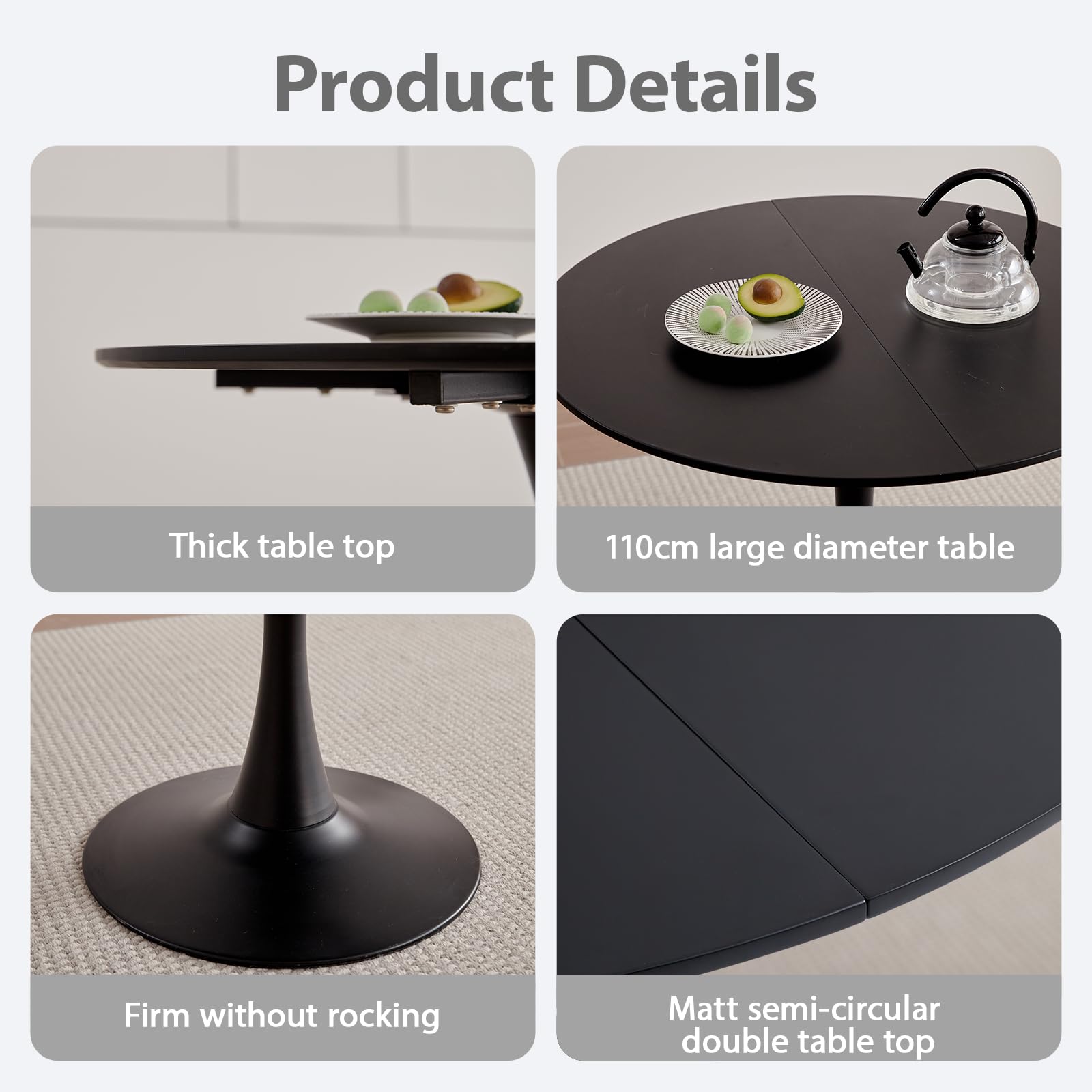 GrandCA HOME Set Tavolo e Sedie da Pranzo Moderno, Tavolo Rotondo da 110CM con 4 Sedie, Gambe in Metallo Nero, Adatto per Soggiorno, Balcone, Giardino (Nero)