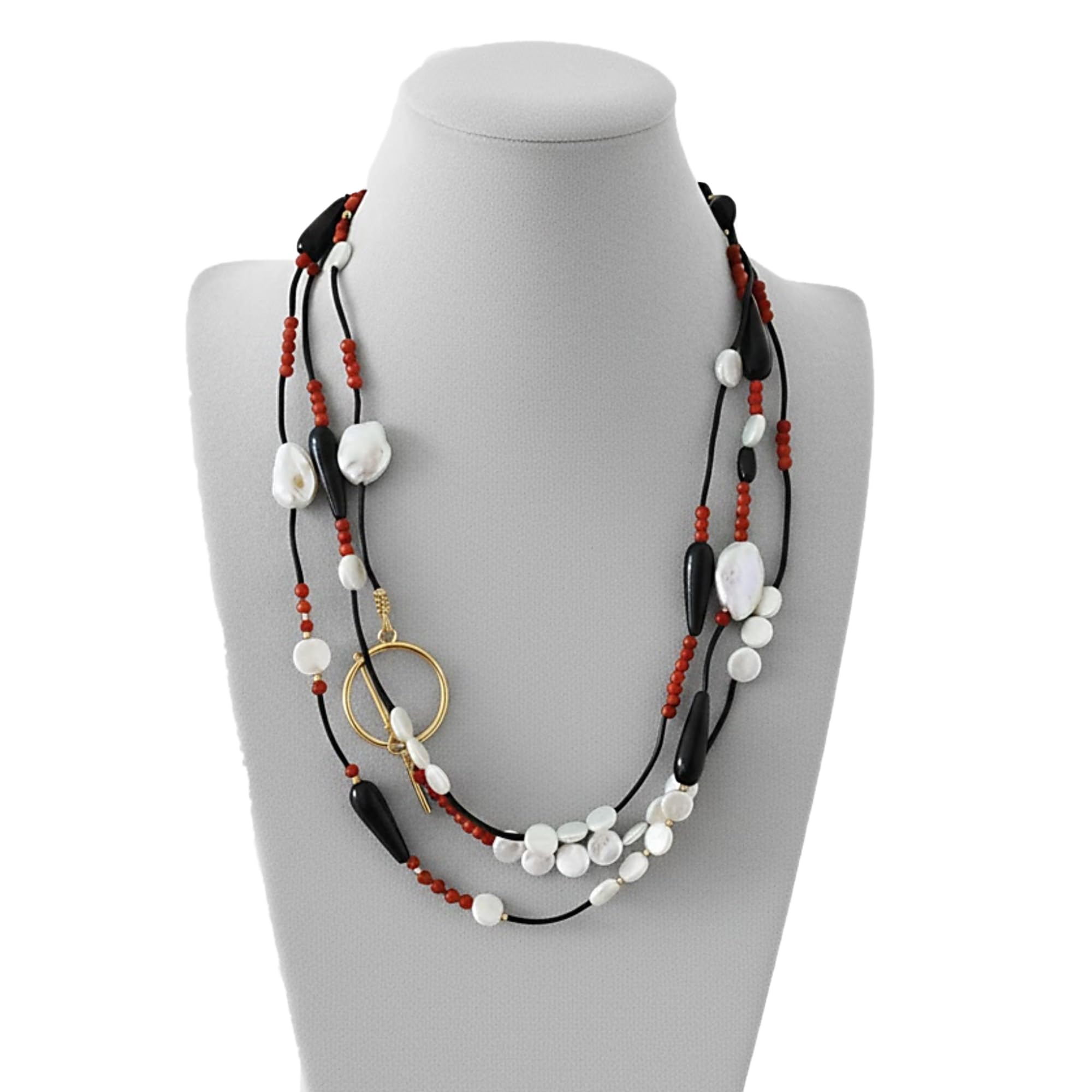 Generico Collana Lunga Multifilo con Perle di Conchiglia, Gocce Nere e Perline Rosse, Stile Boho Chic Fatto a Mano, 190 cm