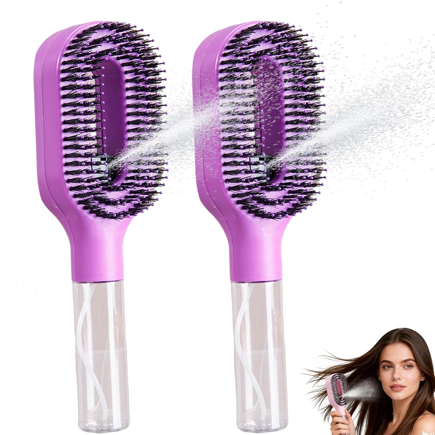 WWMovaRift Water Spray Hair Brush - 2-in-1 Detangling Mister for Frizz-Free, Hydrated Hair, Wet Dry Styling for Women & Girls (Purple)