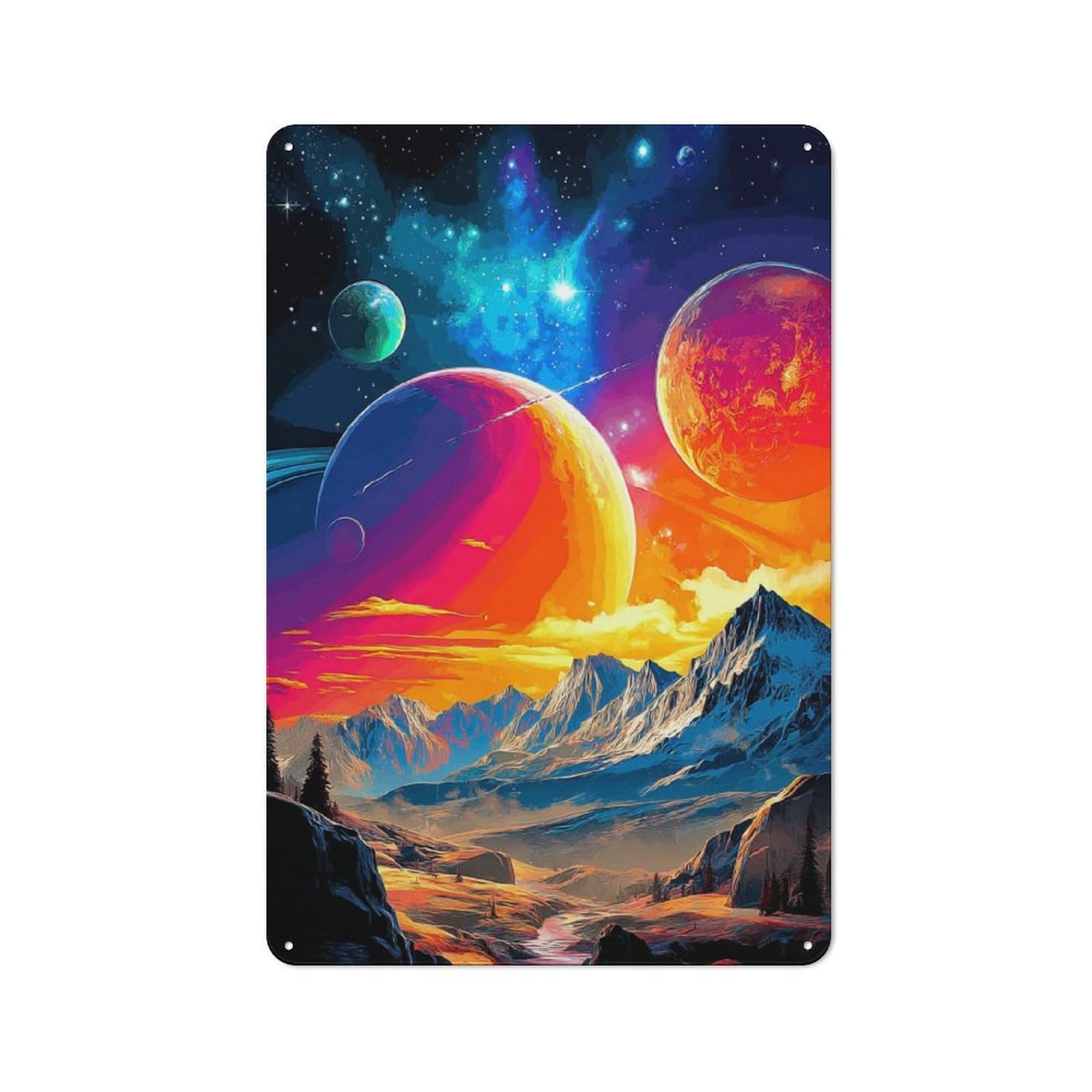 Junmoney Colorful Fantasy Landscape With Planets 30X20cm Rustic Tin Sign With For Dining Room Or Kitchen, A Decorative Metal Sign For Kitchens And Dining Spaces