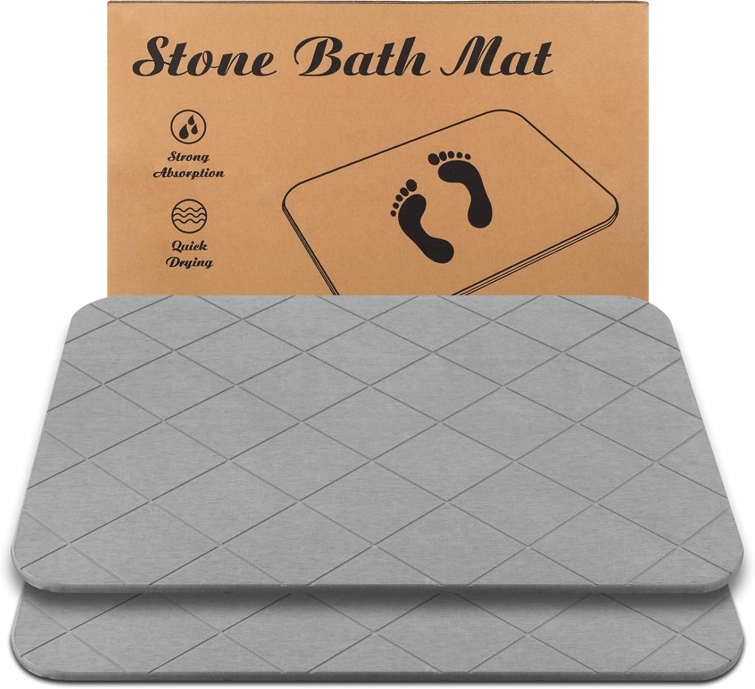 Stone Bath Mat, Diatomaceous Earth Shower Mat, Non-Slip Super Absorbent Quick Drying Bathroom Floor Mat, 2 Pack, Grey, Pattern 2