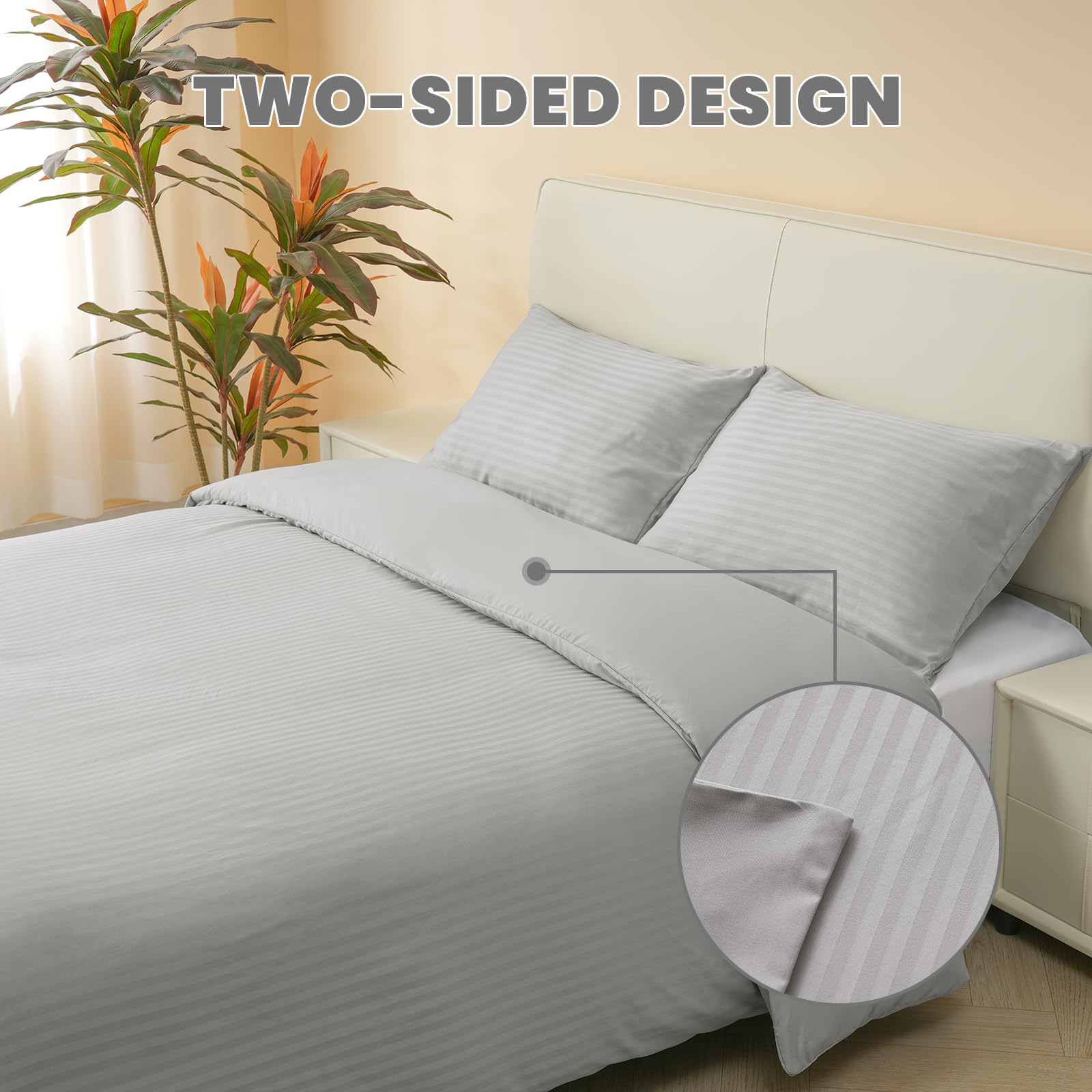Good Nite Single Duvet Cover Polyester Striped Satin Duvet Cover Set Duvet Sets with 2 Pillowcases Skin Friendly and Soft Machine Washable (Light Gray - Image 4